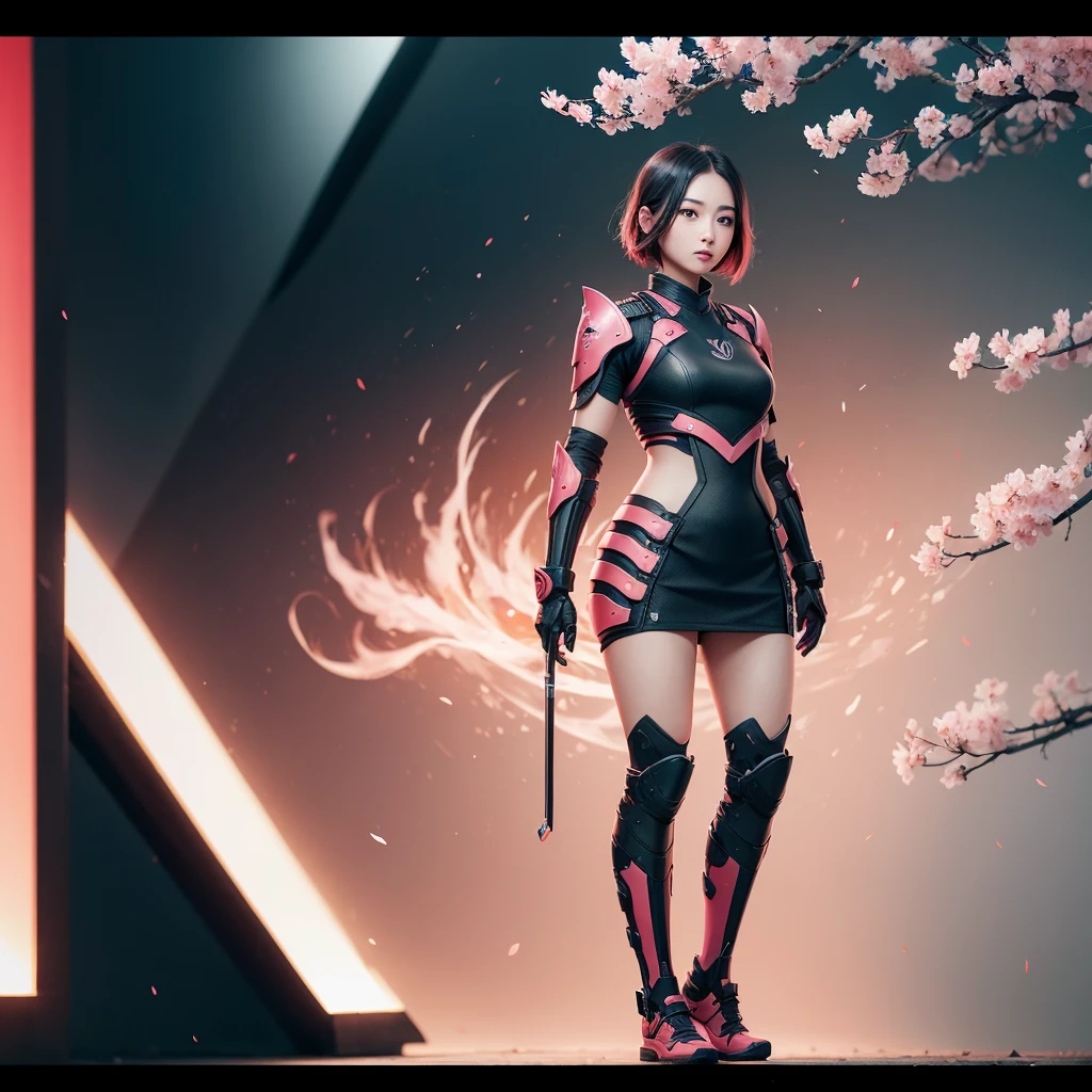 (((full body photo))) 3girl, beautiful japanese young woman, wearing ninja armor, thick symmetrical features, very short hair, background is cherry blossoms, pink aura, red lips, octane render,