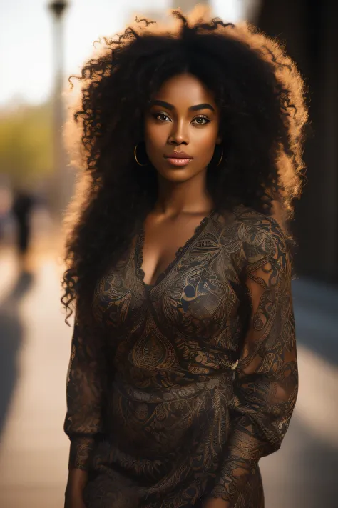 (front view) very detailed photograph of a black woman, dark skin, (with curly hair), (symmetric beautiful face) nice and well d...