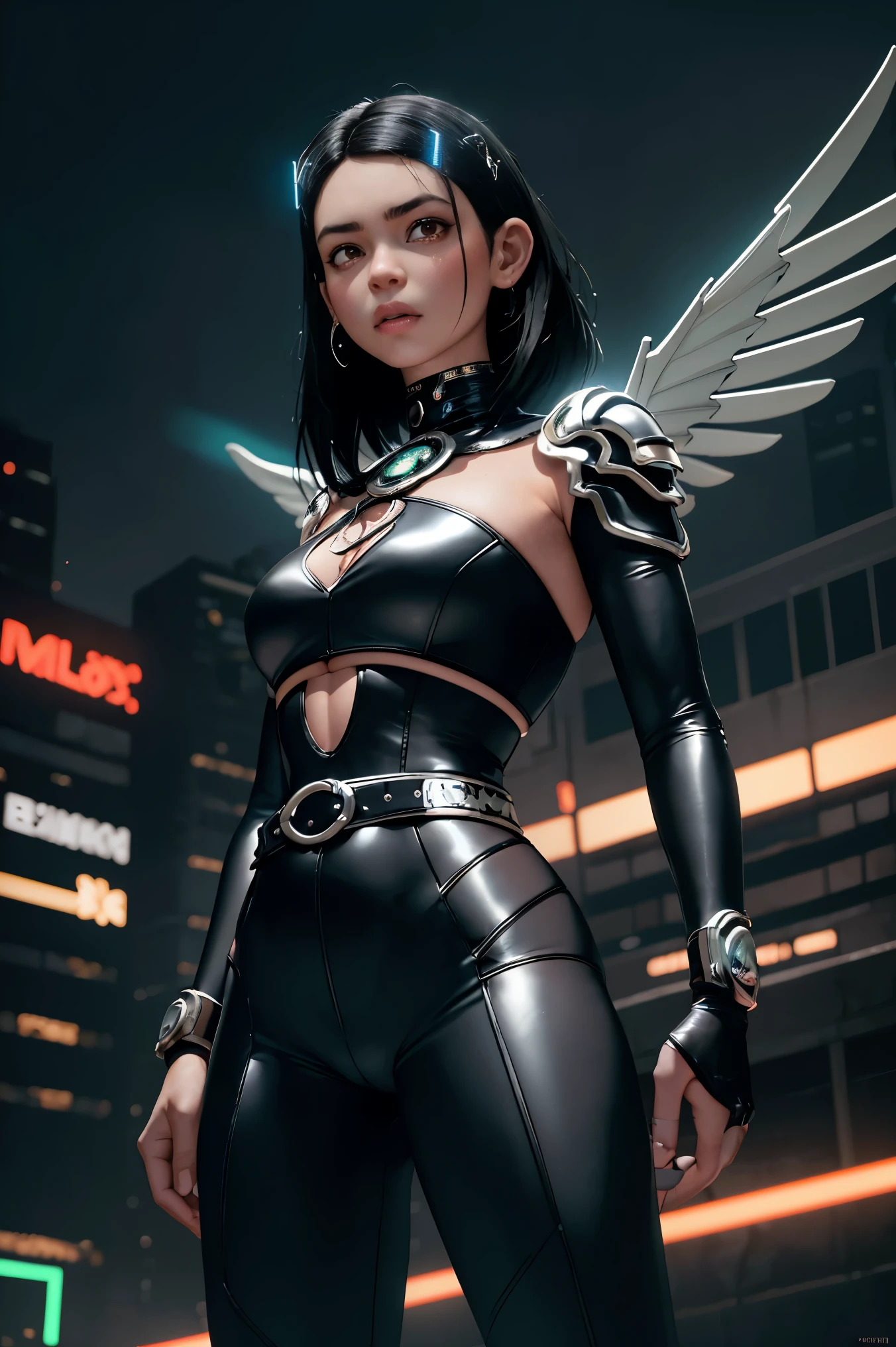 (8K), high-detailed face,work of art, Bela , gigantic black cyborg wings, wings have neon lights, open wings,, in tight metal armor, metallic belt, Electronic armature elements, 20 year, the skin beneath the suit has shiny lines, shoulder length black hair, a cyborg eye, Standing, serious expression, cinematic lighting, Burning cyberpunk city in the distance, flat-chested