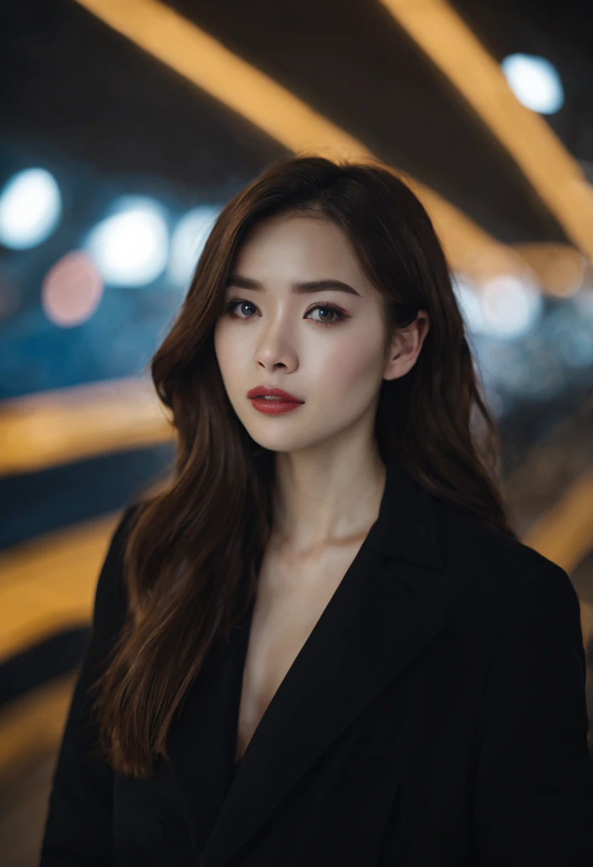 1 woman、Early 20's、(A strong-willed super beauty)、(very beautiful face)、(detailed face)、putting on makeup、wavy brown hair、christmas snowy night、Standing on the metropolitan area platform、The background is a stationary train、shallow depth of field