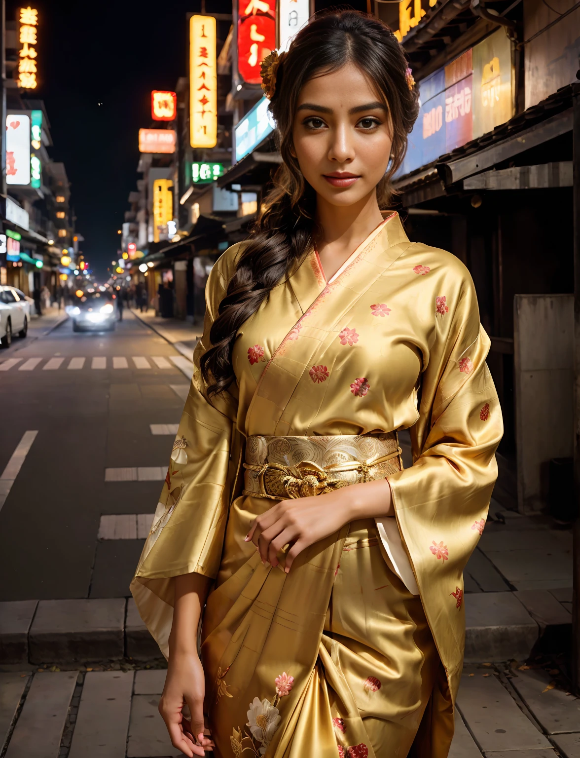 1 girl,beautiful indian woman,(kimono, Golden kimono, Floral, printed kimono, sash, wide sleeve, heart),urban background,(RAW photo, highest quality), (realistic, photo-realistic:1.4), masterpiece, very delicate and beautiful, very detailed, 2k wallpaper, wonderful, finely, very detailed CG unity 8k wallpaper, super detailed, High resolution, soft light, beautiful detailed girl, very detailed eyes and face, beautifully detailed nose, beautiful and fine eyes,cinematic lighting,city light at night,starry sky,perfect anatomy,slender body,light smile