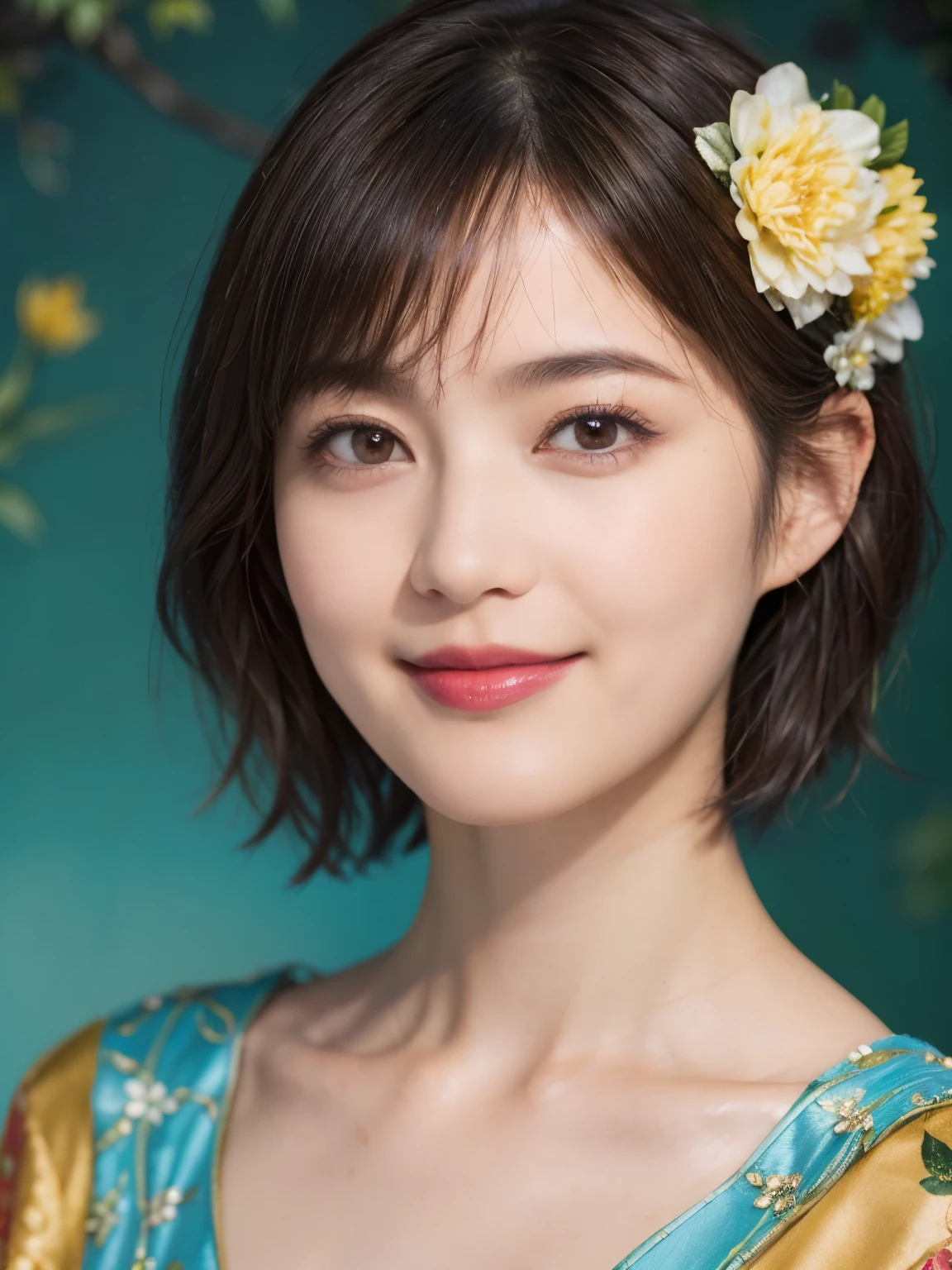 148
(20 year old woman,Floral costume), (surreal), (High resolution), ((beautiful hairstyle 46)), ((short hair:1.46)), (gentle smile), (breasted:1.1), (lipstick)
