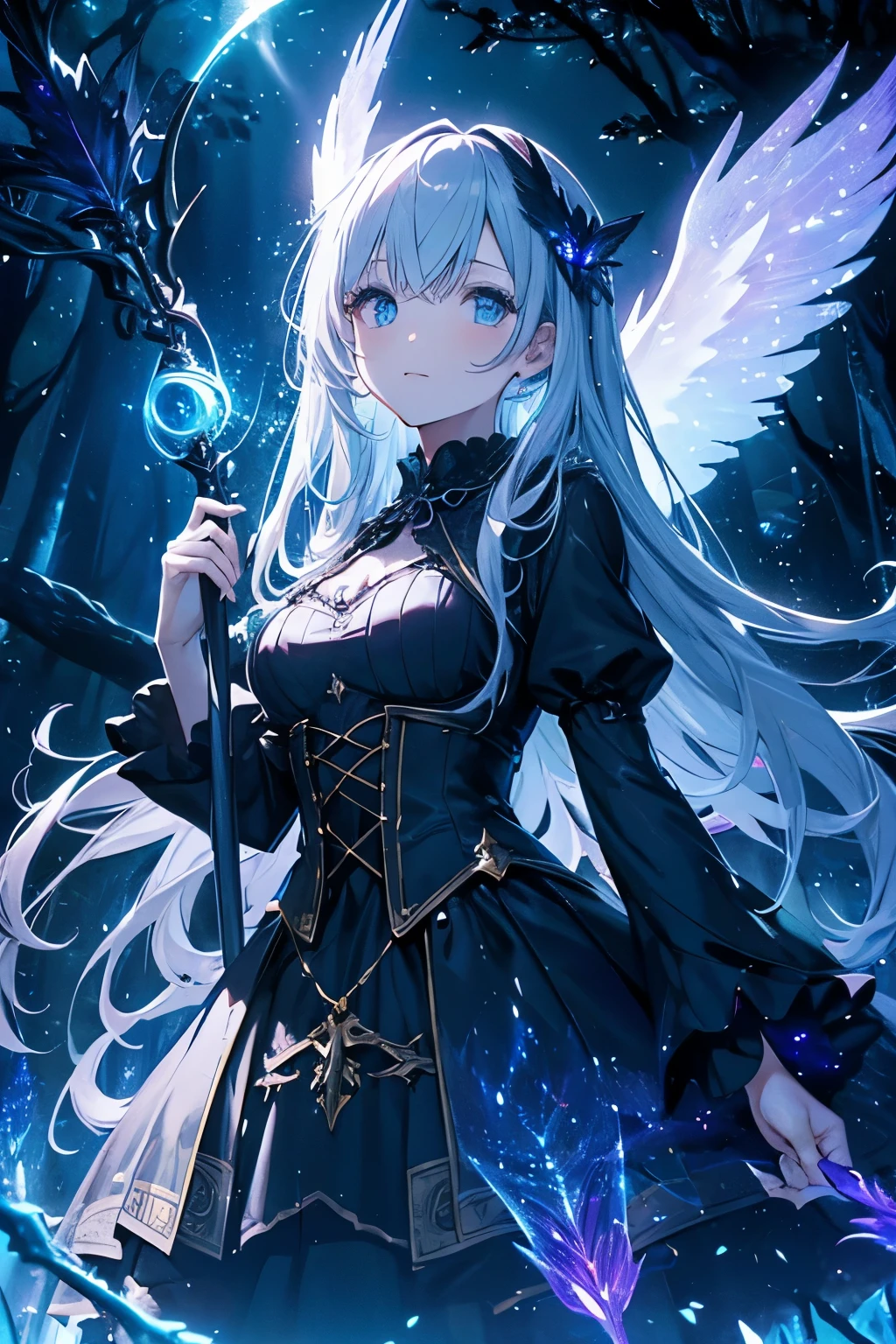 a girl with wings in a ダークファンタジー forest surrounded by glowing fireflies, 魔法の杖を持っている, 神秘的な雰囲気を漂わせる, 強力な呪文を唱える, 月明かりの夜を背景に. (最高品質, 高解像度, 超詳細), (ダークファンタジー, ゴシック, 神秘的な) シーン, 鮮やかな深紫色, ティール, 金と, 月明かりと幻想的な光線に照らされた.