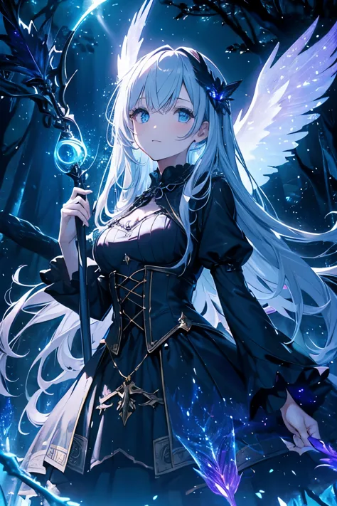 a girl with wings in a dark fantasy forest surrounded by glowing fireflies, holding a magical staff, with a mysterious atomosphe...