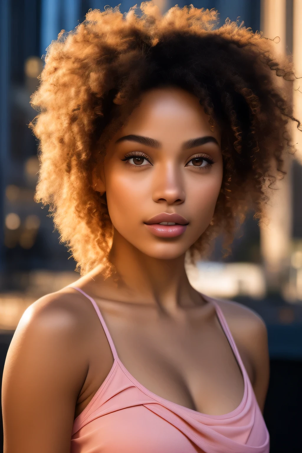 (front view) very detailed photograph of a mixed race woman, light skin, (with curly hair), (symmetric beautiful face) nice and well defined nose, proportioned and full lips, stunning realistic photography, fit body, cocktail dress, realistic soft color, city background, octane render, intricately detailed, sharp focus, stunning full color, shot on DSLR camera, 32k resolution, best quality, (focus on skin texture)