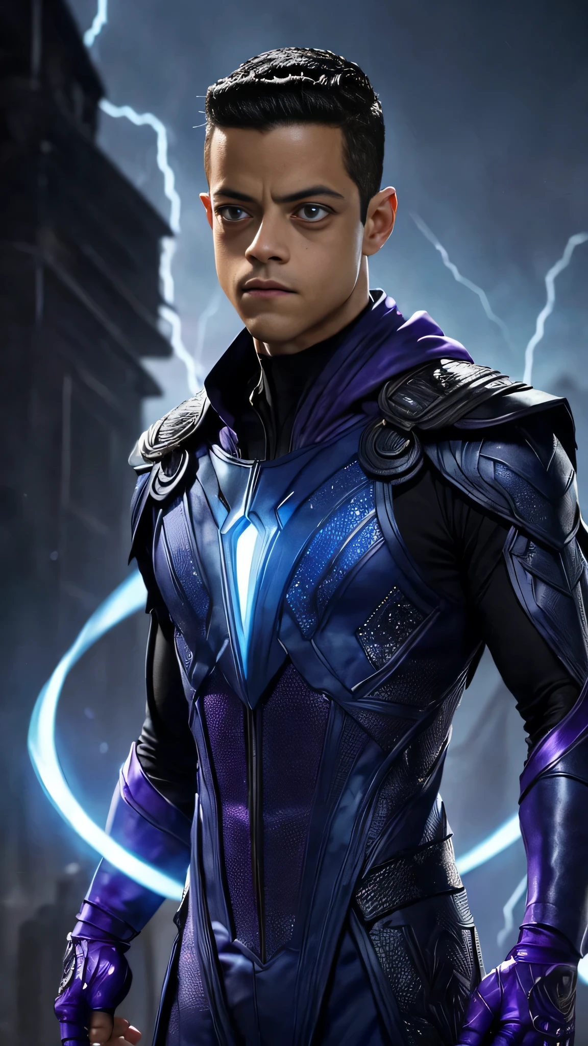 ((Rami Malek)) as Rain from Mortal Kombat, (1boy), wears a (purple ninja outfit), attire is adorned with intricate designs, (ninja mask covered his lower face), ((eyes glow with a radiant light blue hue)), thunder on background, intricate, high detail, sharp focus, dramatic, photorealistic painting art by greg rutkowski