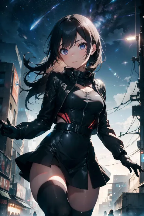 Beautiful girl wearing a top with small jacket, and one leg dress, short skirt & detailed, elegant cyberpunk tatical suit, leath...