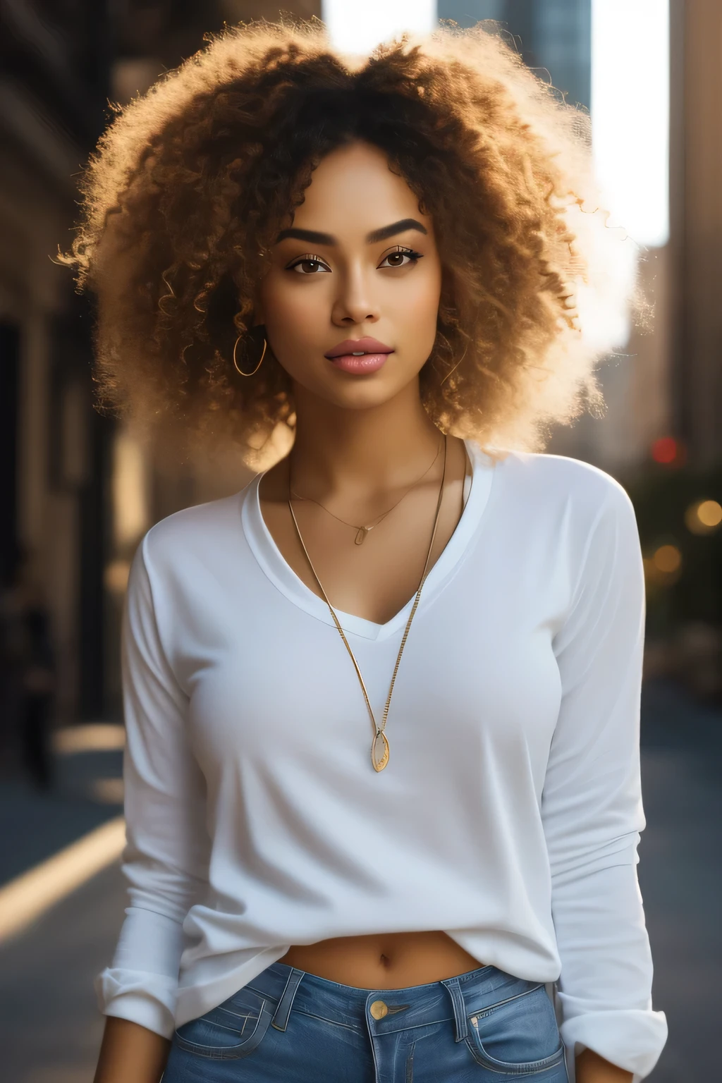 (front view) very detailed photograph of a mixed race woman, light skin, (with curly hair), (symmetric beautiful face) nice and well defined nose, proportioned and full lips, stunning realistic photography, fit body, jeans, white shirt, gold neckless, realistic soft color, city background, octane render, intricately detailed, sharp focus, stunning full color, shot on DSLR camera, 32k resolution, best quality, (focus on skin texture)