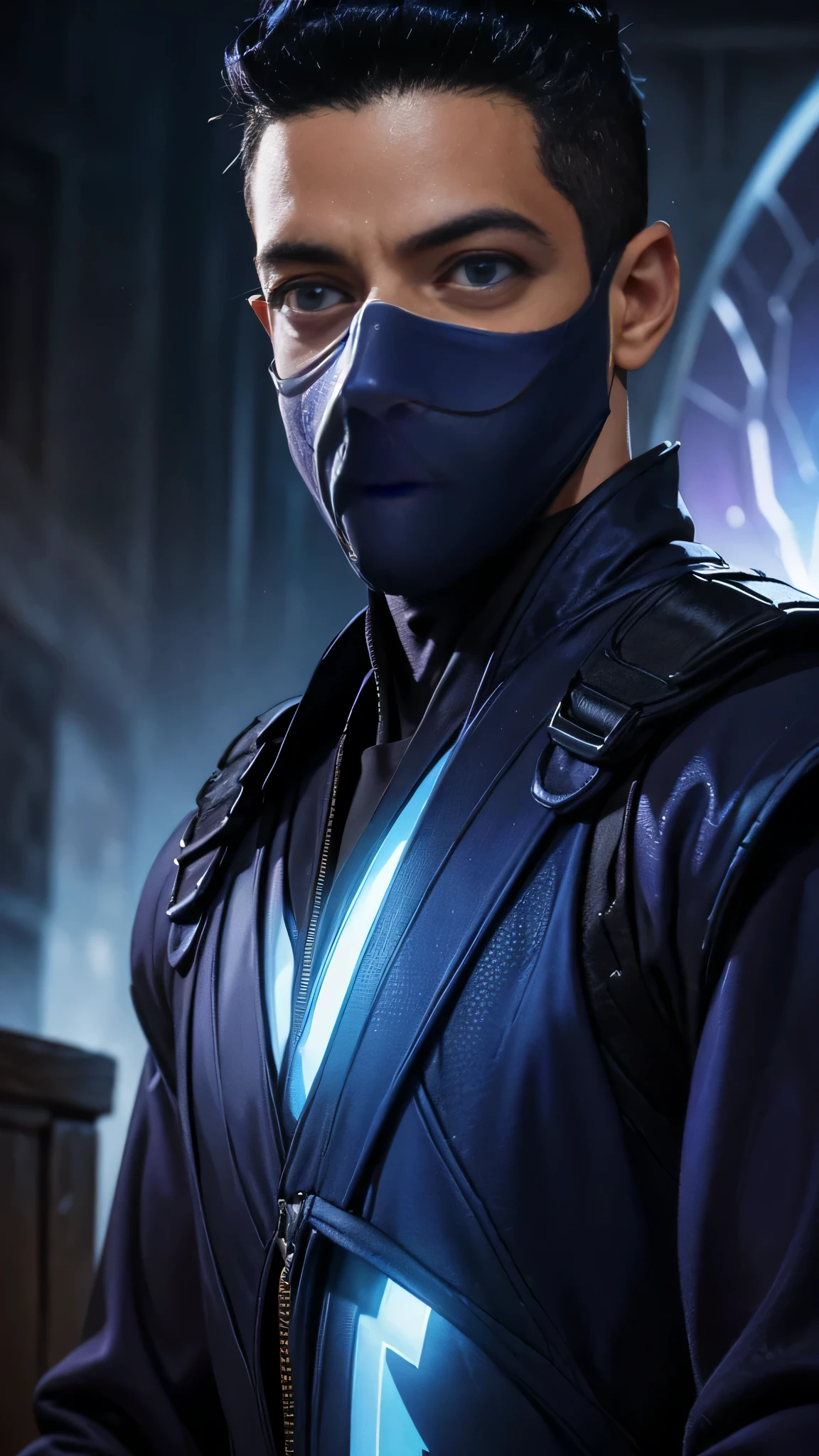 ((Rami Malek)) as Rain from Mortal Kombat, (1boy), wears a (purple ninja outfit), attire is adorned with intricate designs, (ninja mask covered his lower face), ((eyes glow with a radiant light blue hue)), thunder on background, intricate, high detail, sharp focus, dramatic, photorealistic painting art by greg rutkowski