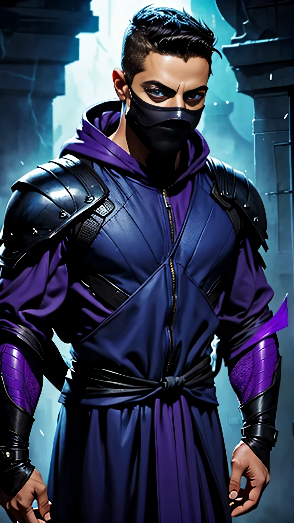 ((Rami Malek)) as Rain from Mortal Kombat, (1boy), wears a (purple ninja outfit), attire is adorned with intricate designs, (ninja mask covered his lower face), ((eyes glow with a radiant light blue hue)), thunder on background, intricate, high detail, sharp focus, dramatic, photorealistic painting art by greg rutkowski