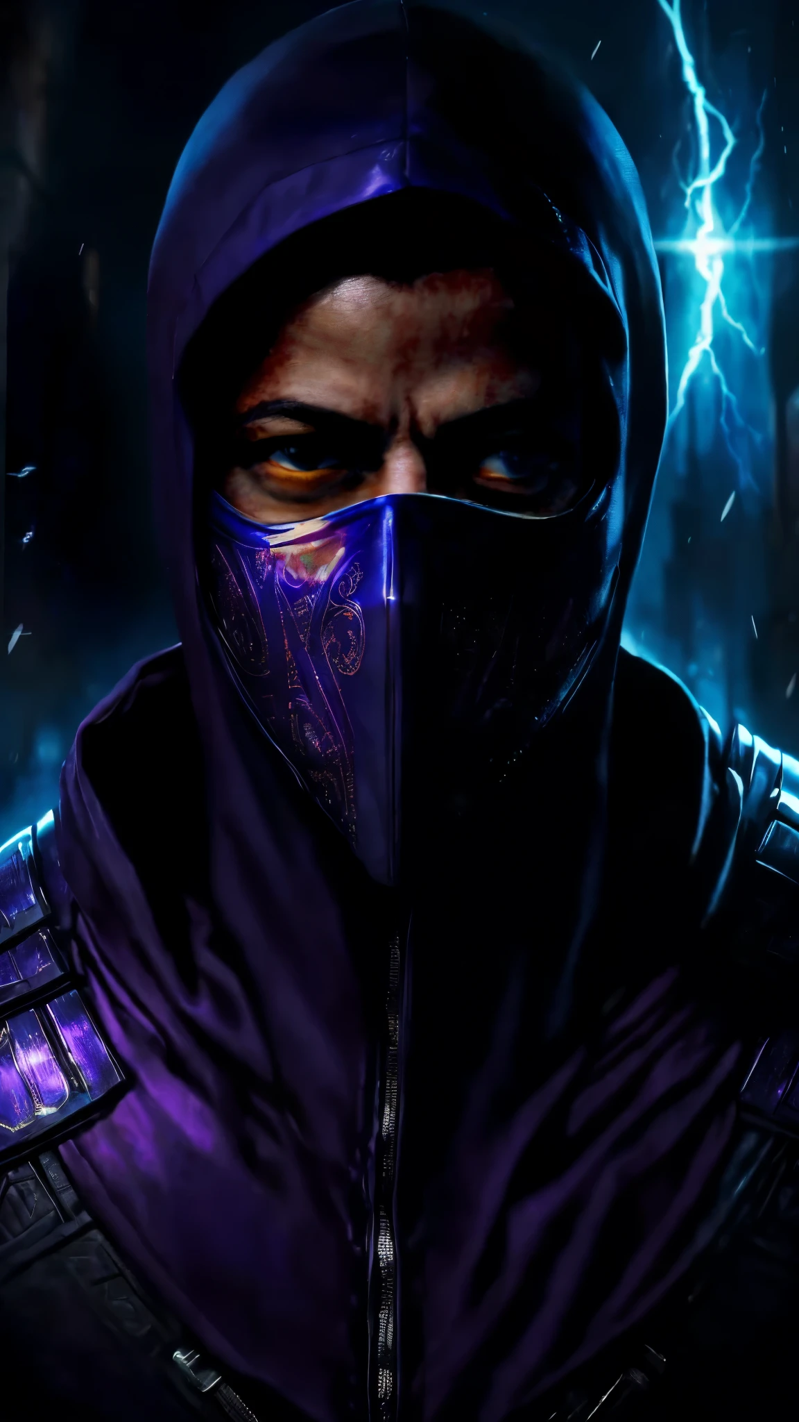 ((Rami Malek)) as Rain from Mortal Kombat, (1boy), wears a (purple ninja outfit), attire is adorned with intricate designs, (ninja mask covered his lower face), ((eyes glow with a radiant light blue hue)), thunder on background, intricate, high detail, sharp focus, dramatic, photorealistic painting art by greg rutkowski