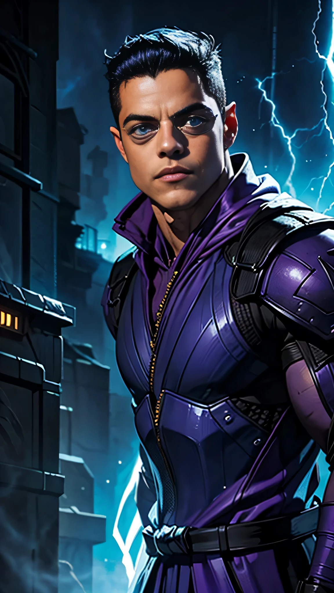 ((Rami Malek)) as Rain from Mortal Kombat, (1boy), wears a (purple ninja outfit), attire is adorned with intricate designs, (ninja mask covered his lower face), ((eyes glow with a radiant light blue hue)), thunder on background, intricate, high detail, sharp focus, dramatic, photorealistic painting art by greg rutkowski