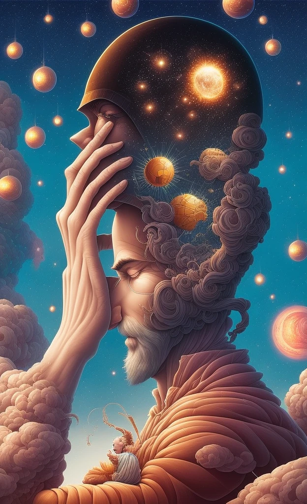 a close up of a person holding a star in their head, face melting into the universe, beeple and james jean, josan gonzales and dan mumford, cyril rolando and m.w kaluta, cyril rolando and m. w kaluta, ( ( ( ( ( dan mumford ) ) ) ) ), dan mumford and alex grey style