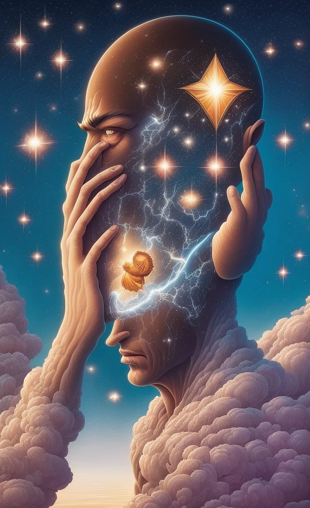 a close up of a person holding a star in their head, face melting into the universe, beeple and james jean, josan gonzales and dan mumford, cyril rolando and m.w kaluta, cyril rolando and m. w kaluta, ( ( ( ( ( dan mumford ) ) ) ) ), dan mumford and alex grey style