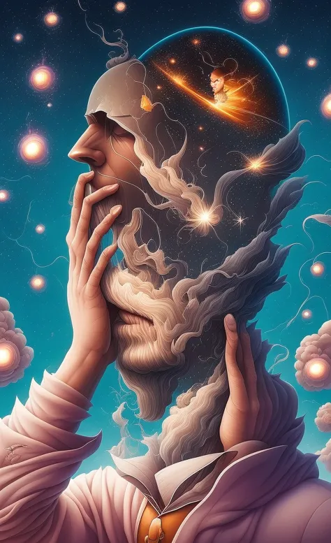 a close up of a person holding a star in their head, face melting into the universe, beeple and james jean, josan gonzales and d...