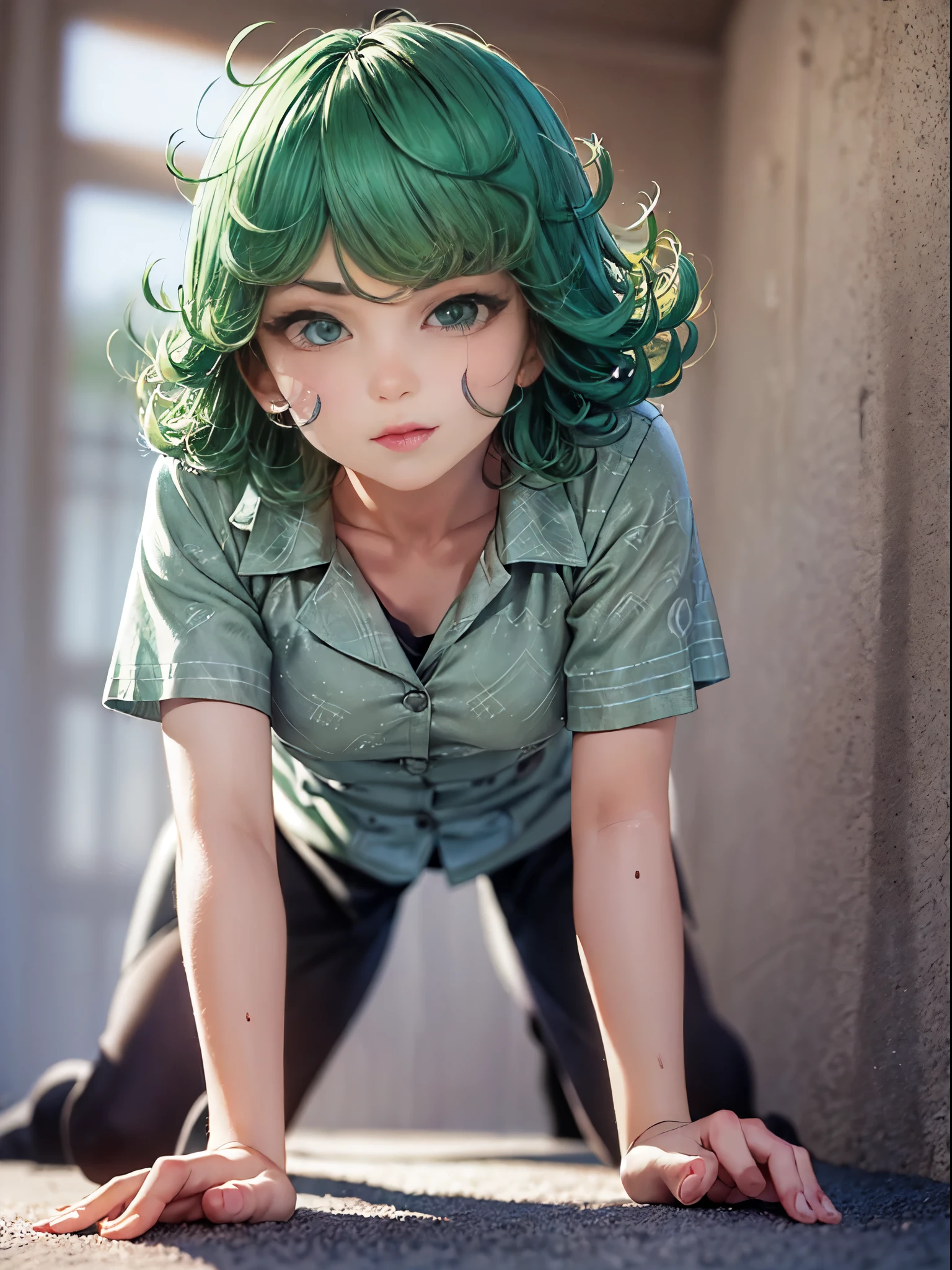 (tatsumaki: 1.7) tatsumaki, Beautiful fece, ​masterpiece, ighly detailed, top-quality, The best lighting, best shade, face perfect, bright green eyes, short green hair, Tight dark green pajamas, nabel, hairarmpits, Lying in a hammock watching the audience, tiny chest, The Flash, slimy, Sloppy look, on all fours, fluffy,