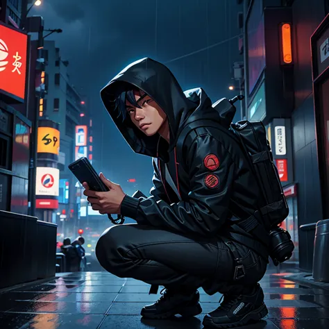 filipino male hooded cyberpunk hacker, wearing hi-tech headgear and hi-tech backpack, crouching on high rooftop overlooking the ...