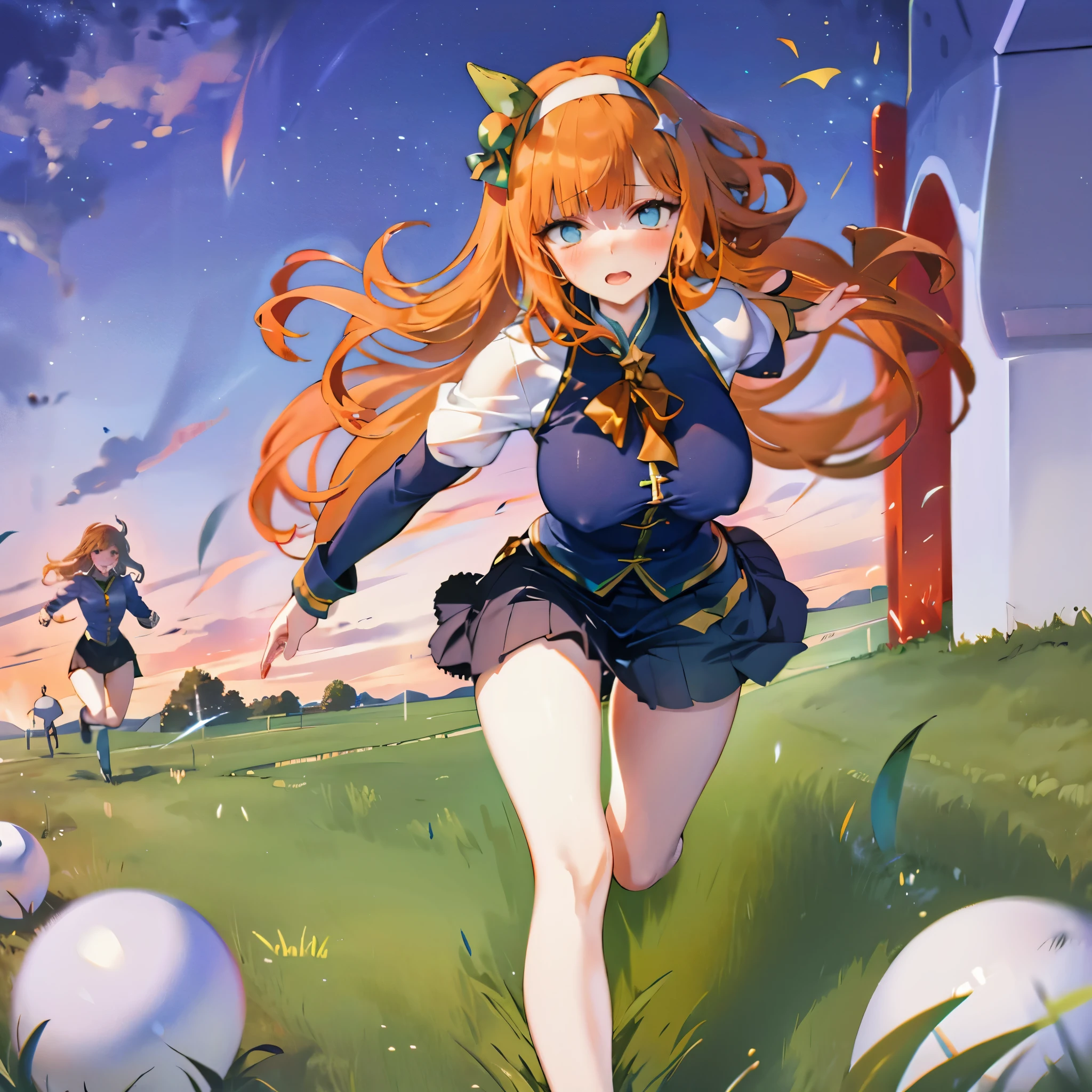 Anime girl running in the grass with balloons in the background - SeaArt AI