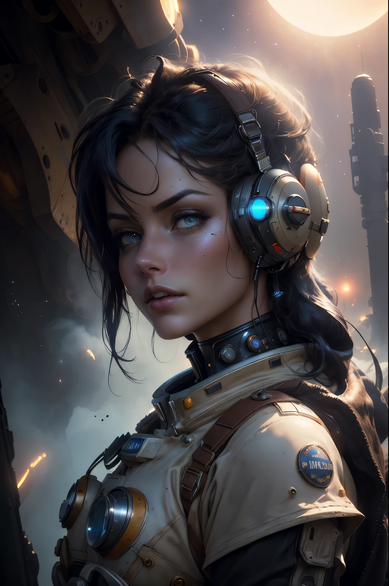 A woman in a futuristic outfit with headphones and a gun - SeaArt AI