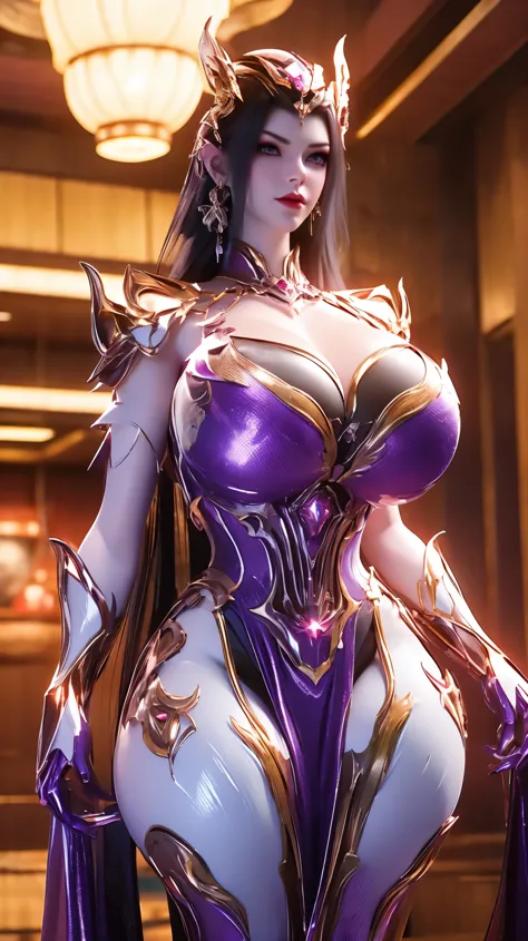 A beauty girl with black hair, 1GIRL, (PHOENIX GOLD HELM),((GIGANTIC FAKE BREASTS,CLEAVAGE:1.5)), (MUSCLE ABS:1.3), ((MECHA GUARD ARMS,DIAMOND CORE IN MECHA:1.1)), (PURPLE MAGENTA SHINY FUTURISTIC MECHA BRA,BLACK SKINTIGHT MECHA SUIT:1.5), (PERFECT THICK B...