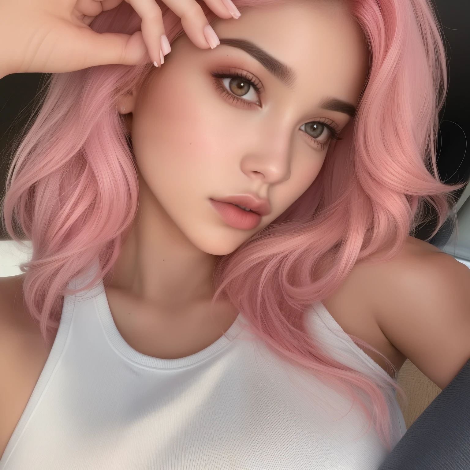 A woman with pink hair and a white tank top posing for a picture - SeaArt AI