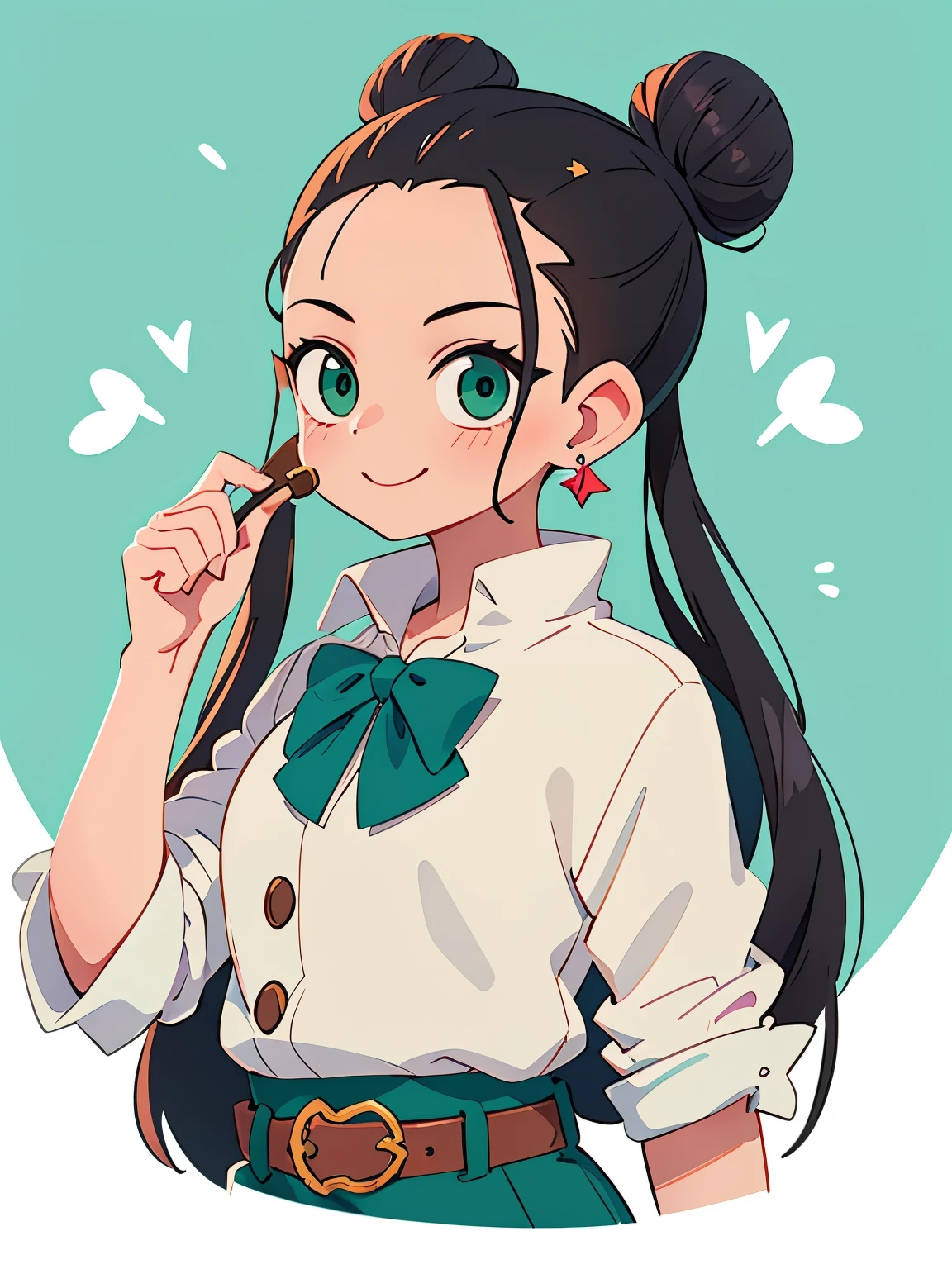 Anime girl with ponytail hair and green eyes holding a pipe