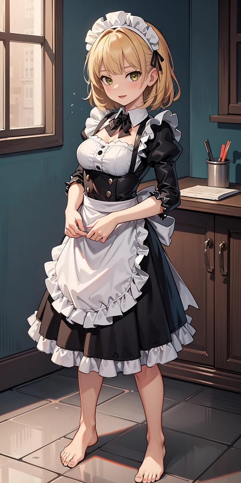 1girl, cute, ((Short black hair girl and long blonde hair girl)), maid victorian, maid apron, straight face, dazed, Body position: Standing, straight, symmetrical, barefoot, Lustful smile on face with red blush,
