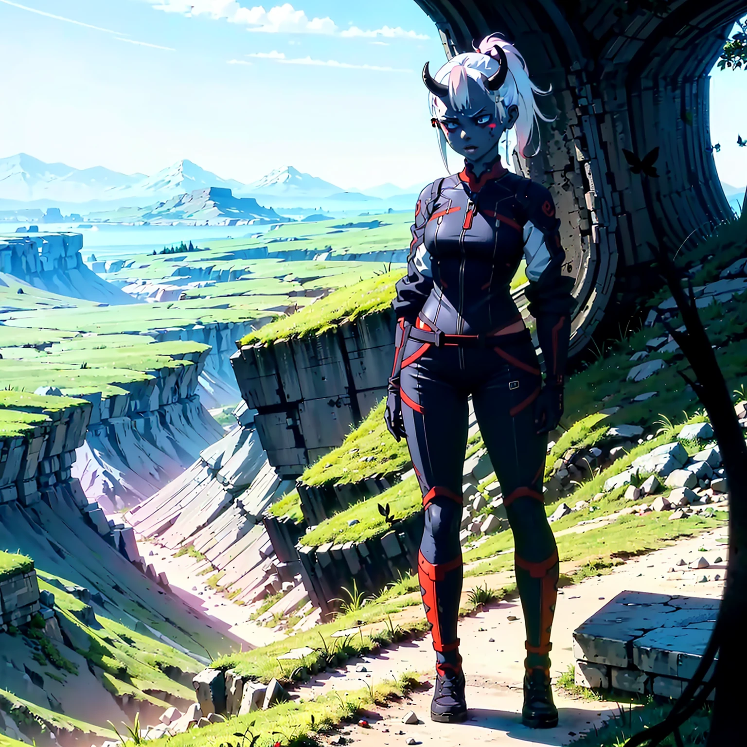 1 girl, (((oni girl))), (((red skin))), horns, white hair, ponytail, (((adventurer outfit))), explorer, researcher, fascinated expression, full body portrait, outside, forest, mountains, butterflies, flowery meadow