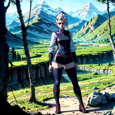 1 girl, (((oni girl))), (((red skin))), horns, white hair, ponytail, (((adventurer outfit))), explorer, researcher, fascinated e...