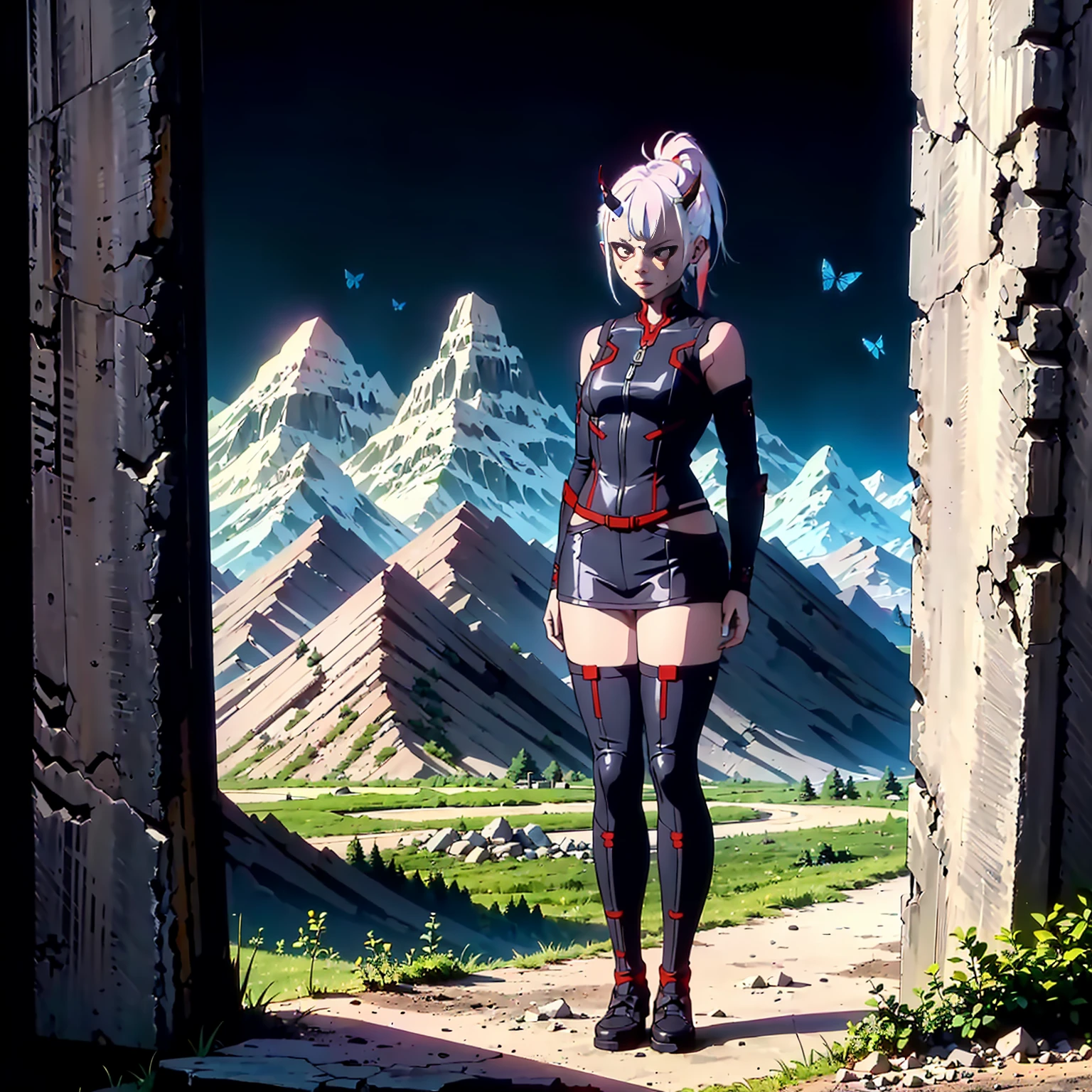 1 girl, (((oni girl))), (((red skin))), horns, white hair, ponytail, (((adventurer outfit))), explorer, researcher, fascinated expression, full body portrait, outside, forest, mountains, butterflies, flowery meadow