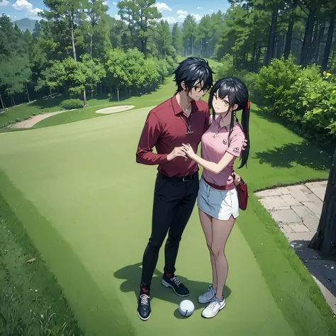 a man together with a woman (eye red) in casual clothes playing golf on a golf course
