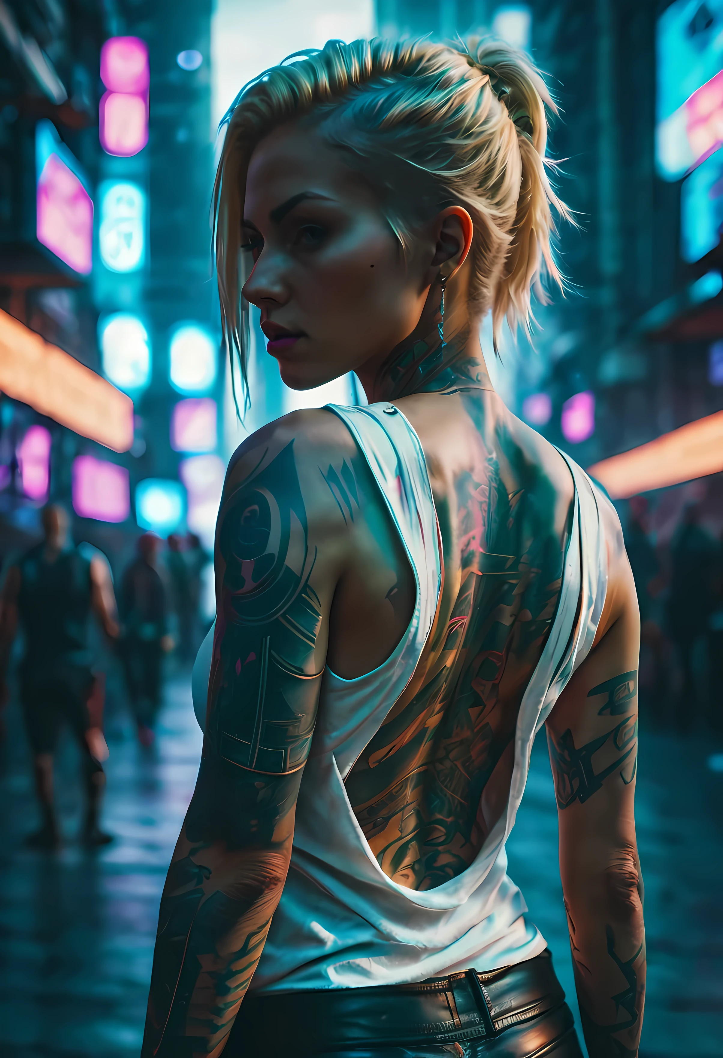 Masterpiece, best quality, (highly detailed raw photo:1. 2), 8k render in octane, volumetric lighting, volumetric shadows  a woman with tattoos on her body, white shirt, blond hair, backview, (toned body:1.2), (toned abs:1.2)
((cyberpunk city with people in the background)), high saturation