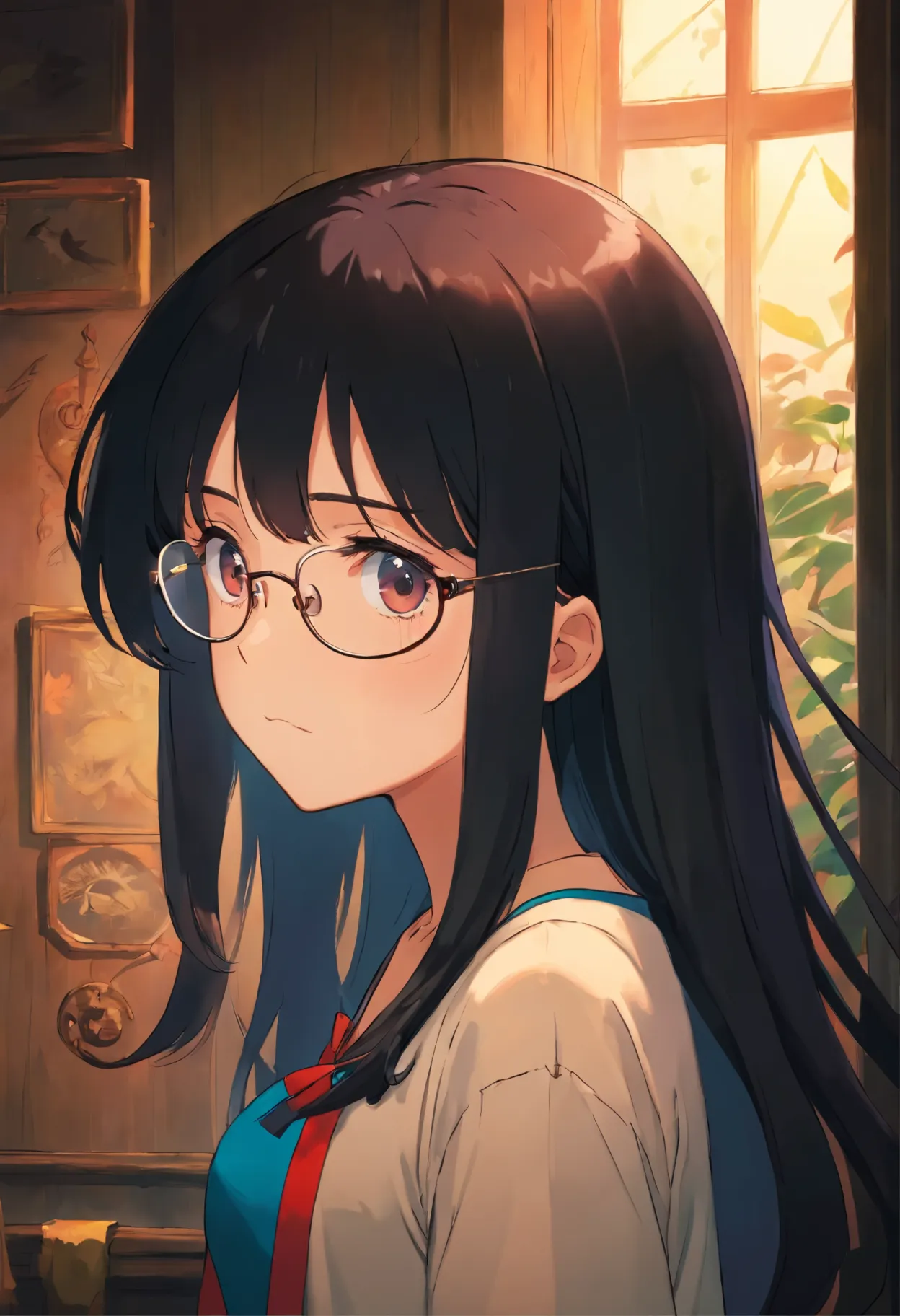 glasses girl black hair dark room cute sad Whimpering looking down