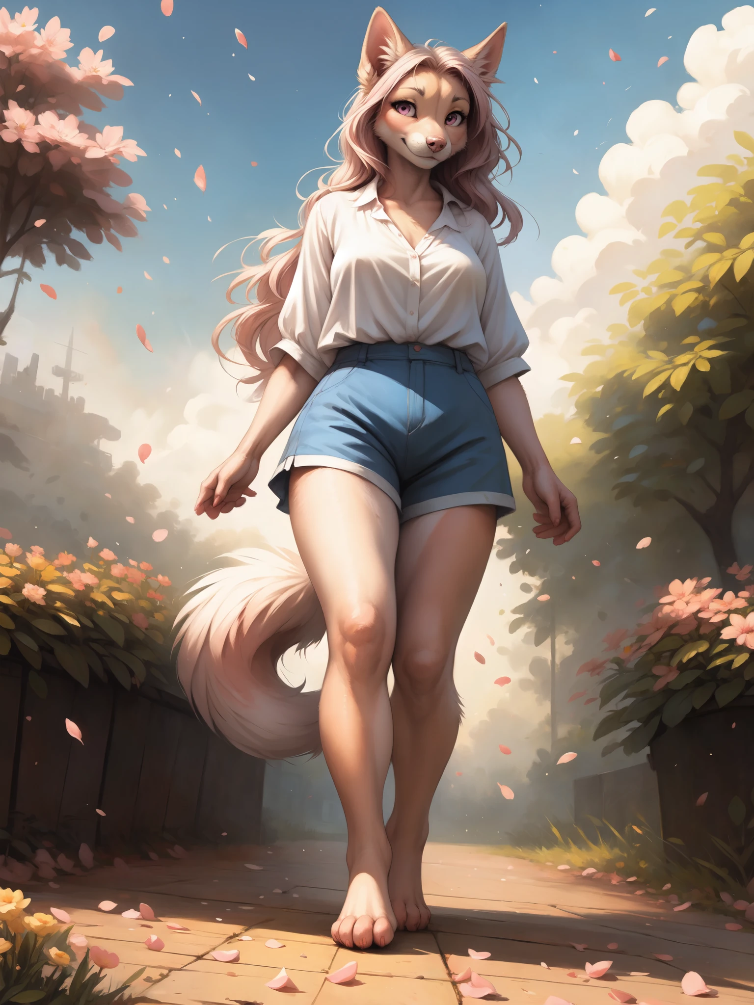 by kenket, by totesfleisch8, (by thebigslick, by silverfox5213:0.8), (by syuro:0.2), Athena, a cute pink domestic dog, tall, pink dog tail, pink pointy dog ears, pink eyes, white sclera, long pink wavy hair, cute snout, pink nose, wearing white blouse, blue shorts, barefoot, outdoors in a beautiful public park, windy day, flower petals flying everywhere 