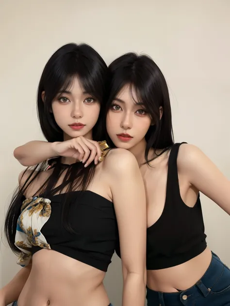 Dos mujeres con blusas y pantalones negros posando para una foto., posando juntos en sujetador, beautiful gemini mellizos, beaut...