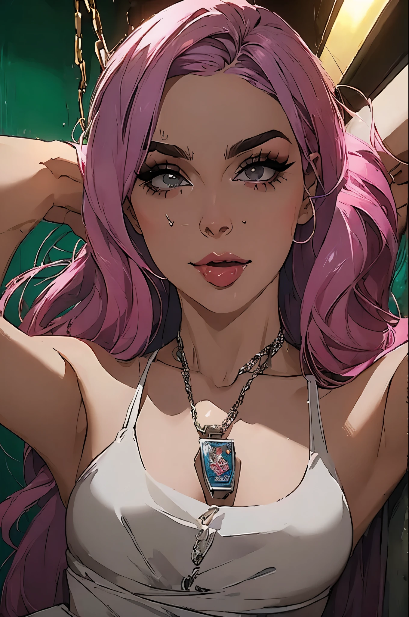 Anime girl with pink hair and a necklace on her neck - SeaArt AI