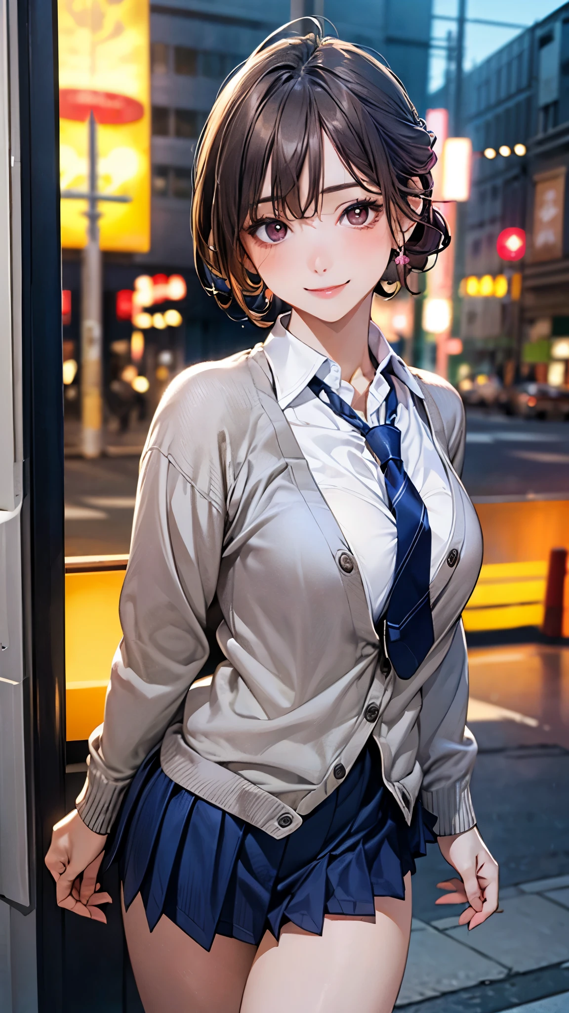 (masterpiece:1.2, top-quality), (realistic, photorealistic:1.4), beautiful illustration, (natural side lighting, movie lighting), 
looking at viewer, cowboy shot, front view:0.6, 1 girl, japanese, high school girl, perfect face, cute and symmetrical face, shiny skin, 
(short hair:1.4, half updo:1.5, light brown hair), hair between eye, dark brown eyes, long eye lasher, (large breasts:0.6, seductive thighs), 
beautiful hair, beautiful face, beautiful detailed eyes, beautiful clavicle, beautiful body, beautiful chest, beautiful thigh, beautiful legs, beautiful fingers, 
((long sleeve white collared shirts, navy pleated miniskirt, navy tie, light grey cardigan)), pink panties, 
(beautiful scenery), evening, riverside, walking, (lovely smile, upper eyes), 