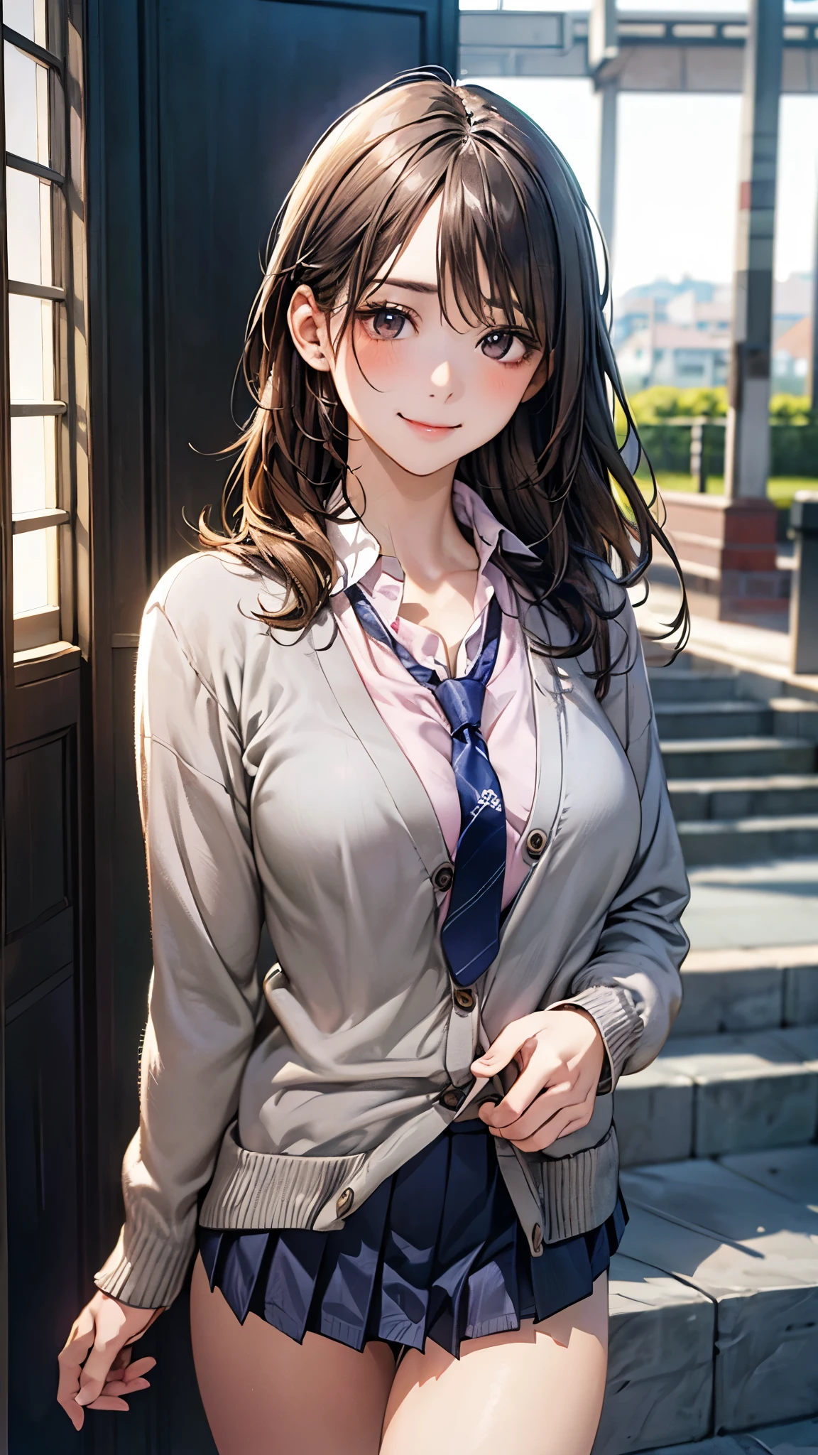 (masterpiece:1.2, top-quality), (realistic, photorealistic:1.4), beautiful illustration, (natural side lighting, movie lighting), 
looking at viewer, cowboy shot, front view:0.6, 1 girl, japanese, high school girl, perfect face, cute and symmetrical face, shiny skin, 
(long hair:1.4, half updo:1.5, light brown hair), hair between eye, dark brown eyes, long eye lasher, (large breasts:0.6, seductive thighs), 
beautiful hair, beautiful face, beautiful detailed eyes, beautiful clavicle, beautiful body, beautiful chest, beautiful thigh, beautiful legs, beautiful fingers, 
((long sleeve white collared shirts, navy pleated miniskirt, navy tie, light grey cardigan)), pink panties, 
(beautiful scenery), evening, riverside, walking, (lovely smile, upper eyes), 