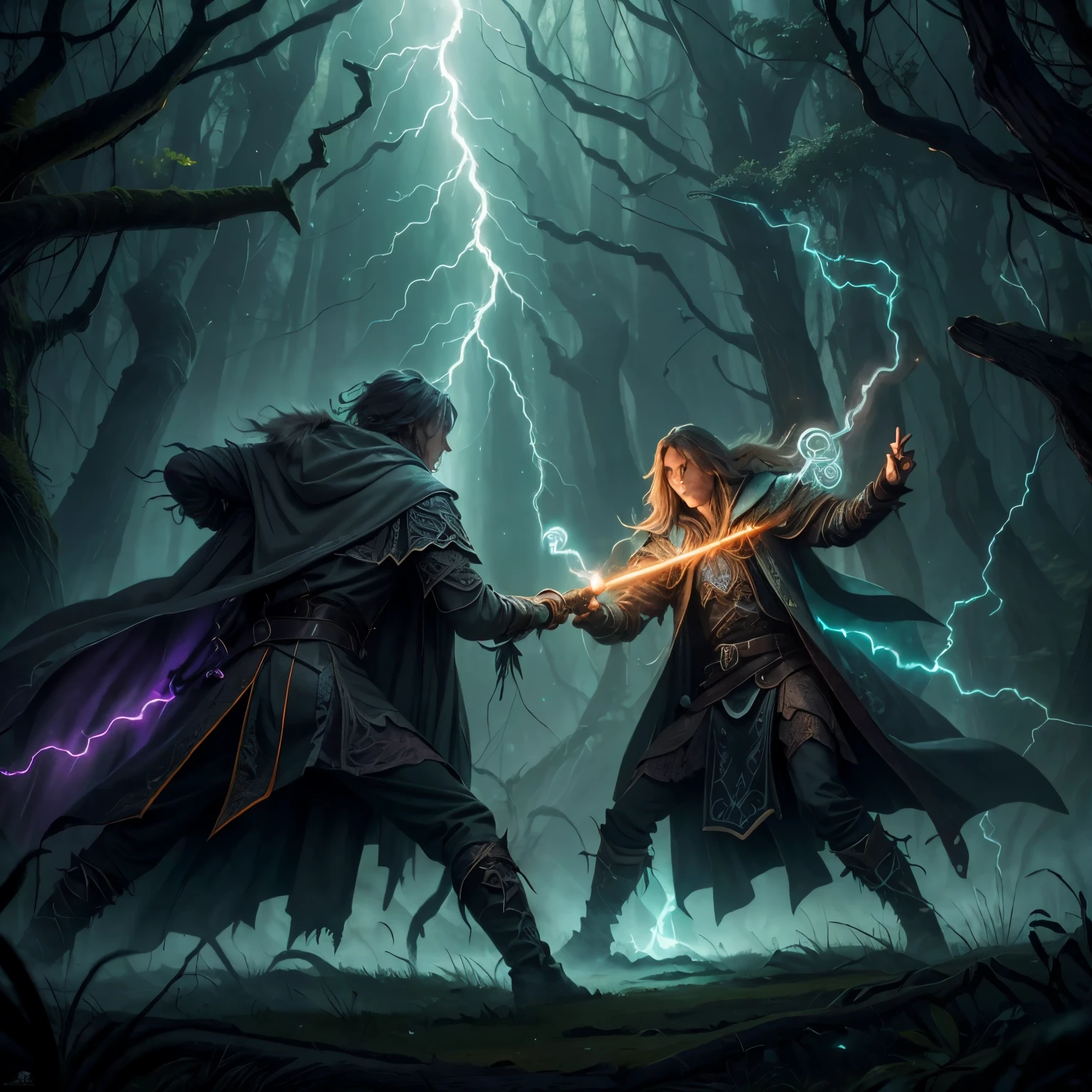 model dreamer ,Druid magic AI , in the woods, Two mages wearing gray gothic fantasy coats, Attack each other  ! A man shoots a huge lightning bolt from his right hand  ! Another man&#39;s right hand glowed with orange flames ! ((masterpiece)), ((best quality)) , Very detailed,, 最高detail, Ah high_detail, Coloring, 