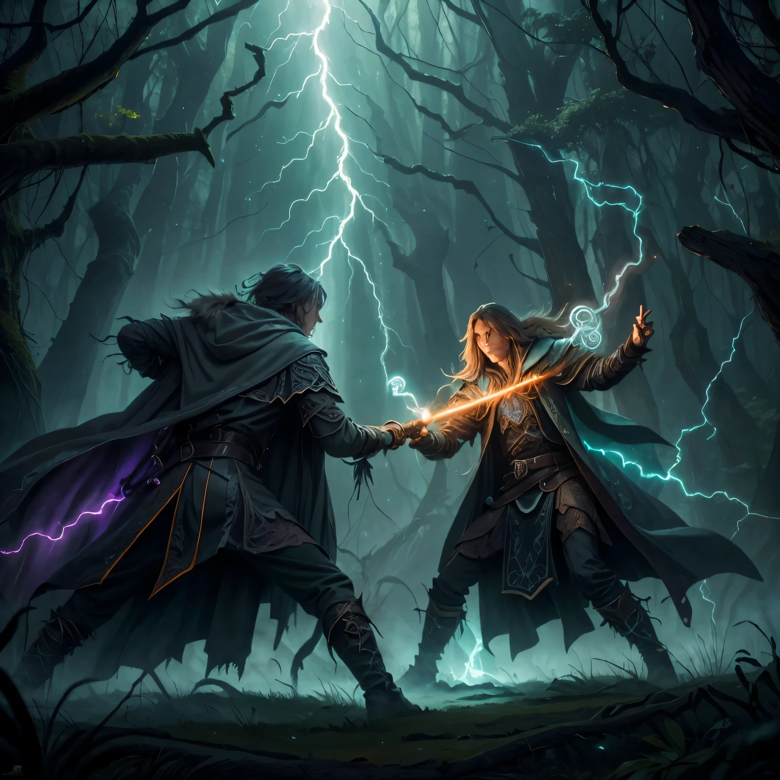 model dreamer ,Druid magic AI , in the woods, Two mages wearing gray gothic fantasy coats, Attack each other  ! A man shoots a huge bolt of lightning from his right hand  ! Another person&#39;Right hand glows with orange flames ! ((masterpiece)), ((best quality)) , Very detailed,, 最高detail, Ah high_detail, dyeing, 