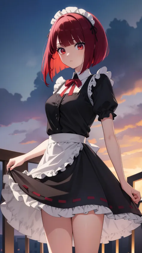 Arima maybe, Arima maybe, bob cut, (red eyes:1.5), redhead, short hair, , Maid clothes,ruffle skirt，Gothic Lolita，hair in the wi...