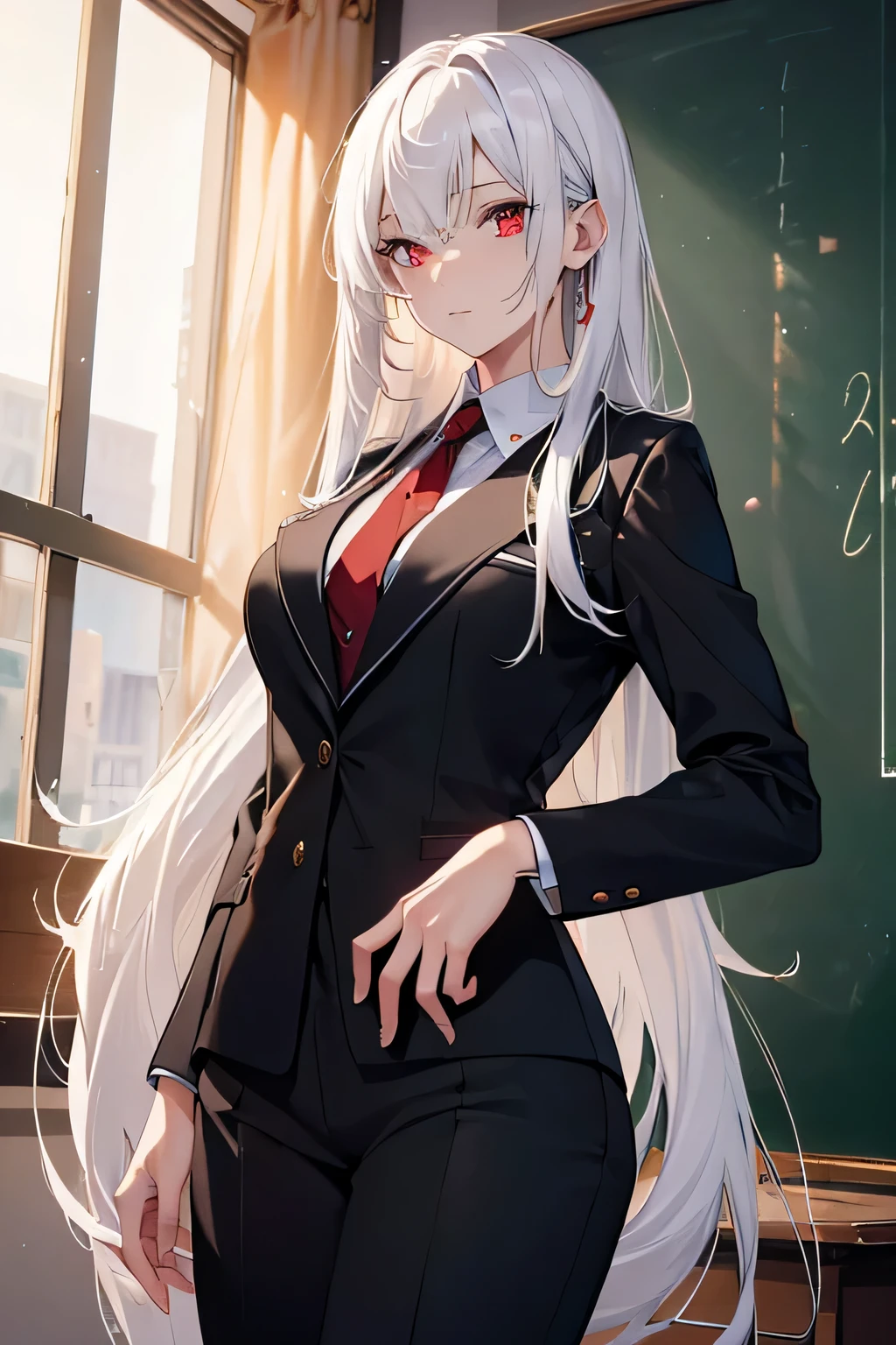 (High resolution, realistic, 4K, super detailed, masterpiece:1.2),cowboy shot (no hat:1.3),1 female,very long straight white hair,red eyes,teacher,suit,Dress pants,blackboard