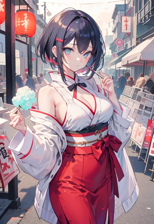 Chinon, (fascinating, attractive, attractive:1.3), beautiful, (very detailed, high quality:1.3),A short-haired girl in a yukata enjoying cotton candy at a festival，japanese festival，Summer Festival Stalls、Red lantern,(masterpiece:1.2), 最high quality, High resolution, unity 8k wallpaper, (figure:0.8), (beautiful and fine eyes:1.6), very detailed顔, perfect lighting, Very detailed CG, (perfect hands, perfect anatomy),