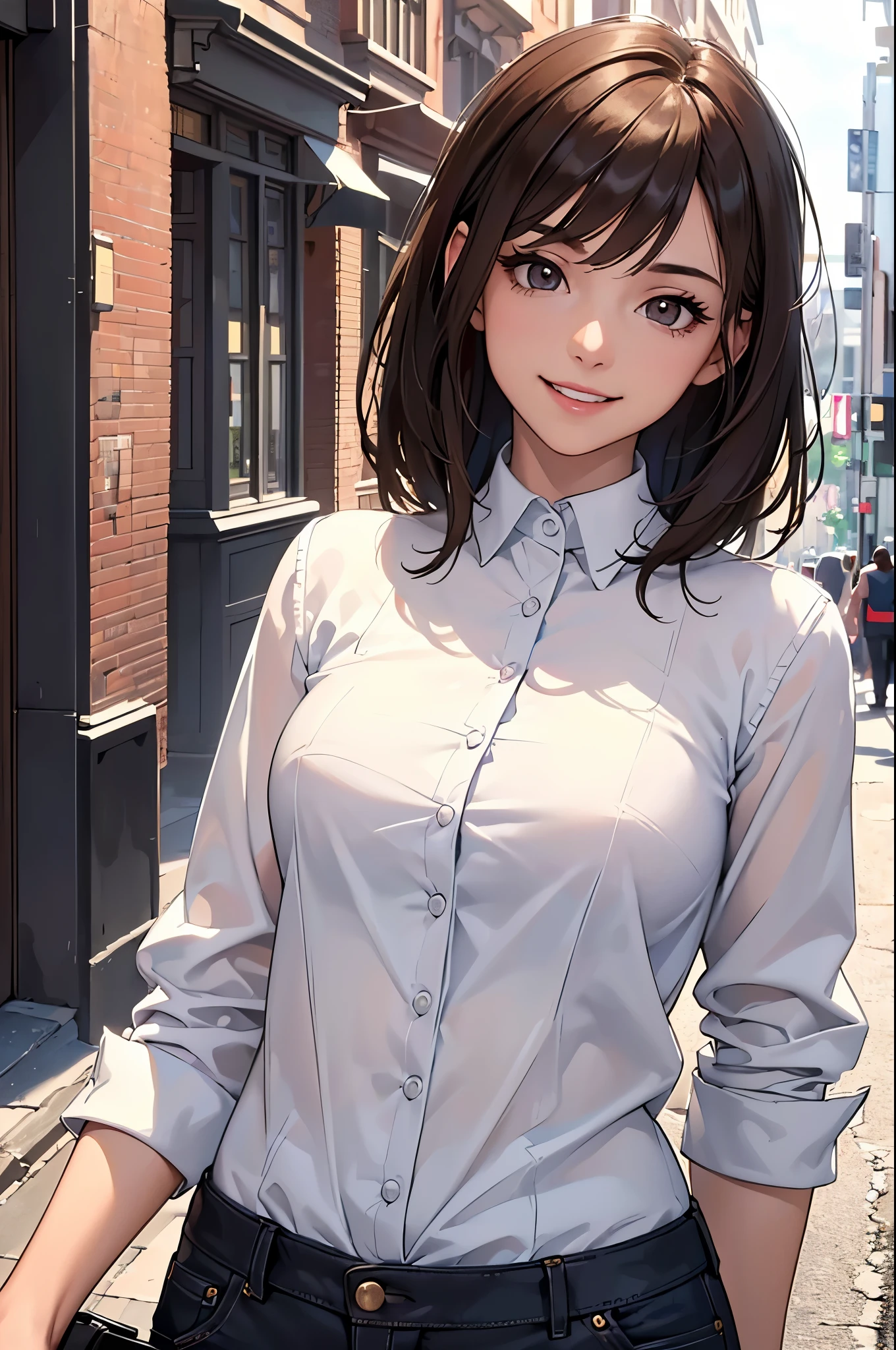 RAW photos, camera gaze, ((top quality, 8k, masterpiece: 1.3)), sharp focus: 1.2, white shirt, pretty features, best smile, cute smile, beautiful woman in perfect style: 1.4, slender abs: 1.2, dark brown hair, (natural light, city street: 1.1), highly detailed face and skin texture, detailed eyes, double eyelids