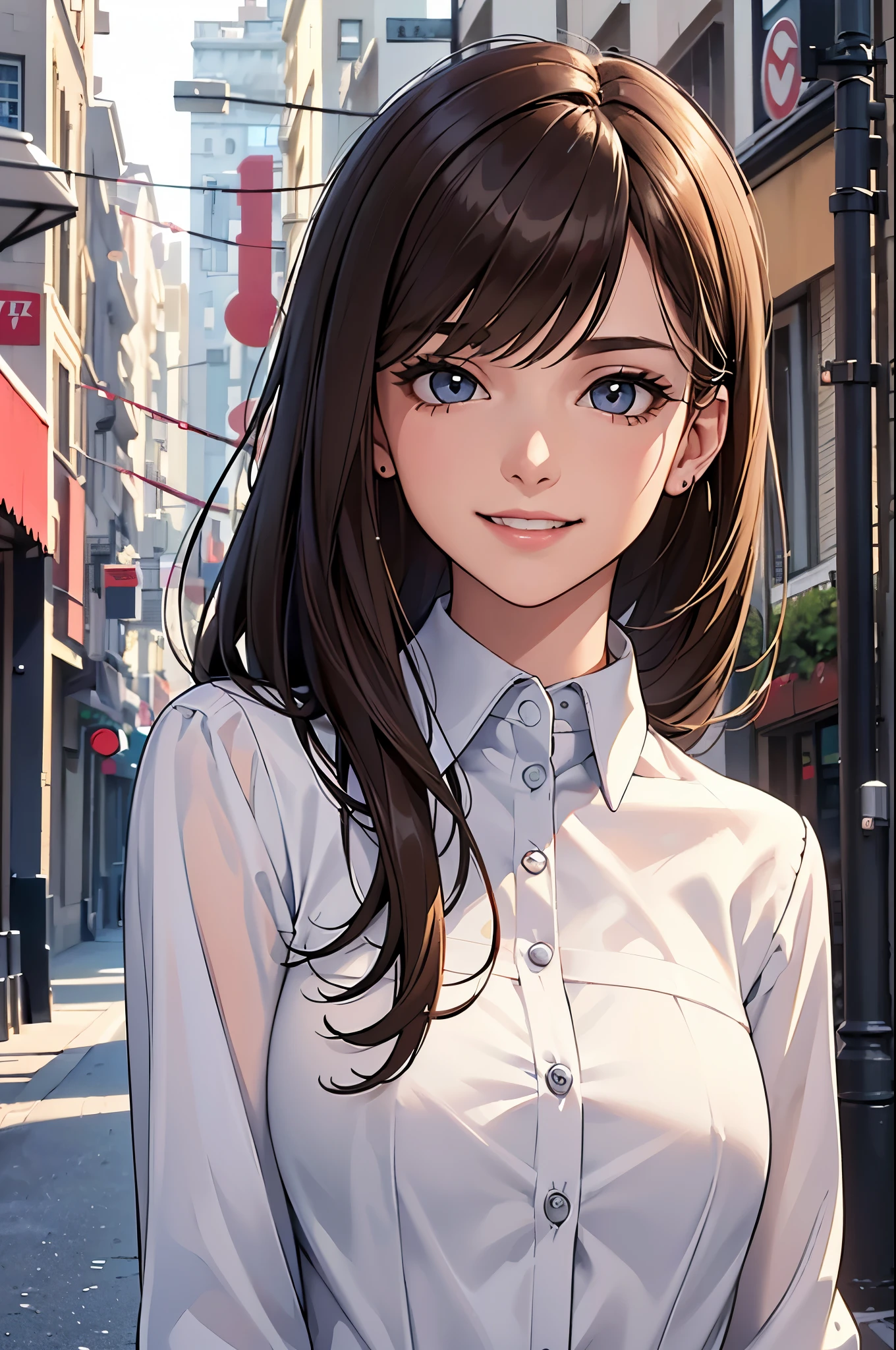 RAW photos, camera gaze, ((top quality, 8k, masterpiece: 1.3)), sharp focus: 1.2, white shirt, pretty features, best smile, cute smile, beautiful woman in perfect style: 1.4, slender abs: 1.2, dark brown hair, (natural light, city street: 1.1), highly detailed face and skin texture, detailed eyes, double eyelids