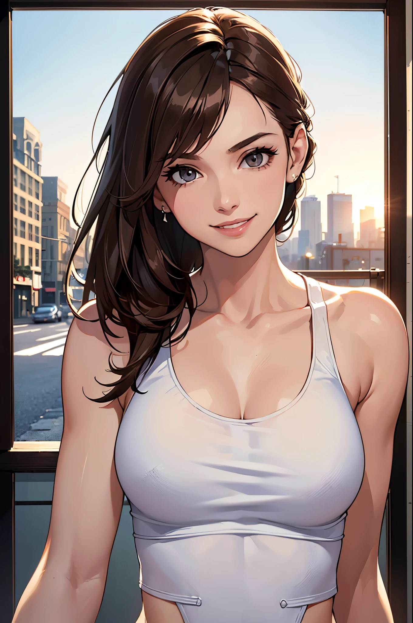 RAW photos, camera gaze, ((top quality, 8k, masterpiece: 1.3)), sharp focus: 1.2, white cropped tank top, pretty features, best smile, cute smile, beautiful woman in perfect style: 1.4, slender abs: 1.2, dark brown hair, (natural light, city street: 1.1), highly detailed face and skin texture, detailed eyes, 