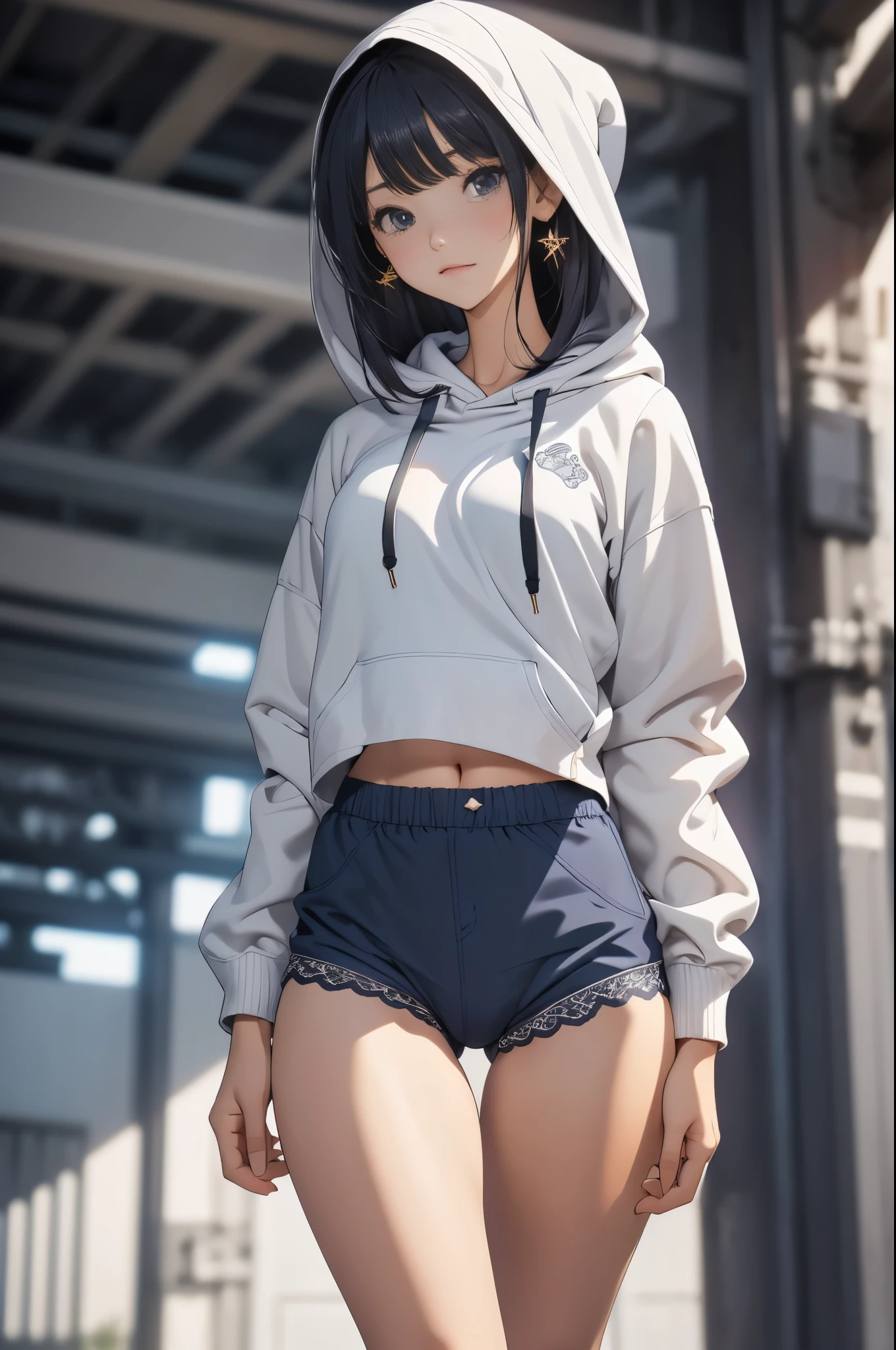 masterpiece,best quality,ultra-detailed,intricate,detailed face,detailed eyes,beautiful eyes,1girl,cowboy shot,20歳の美女、dark blue hair,肩にかかる長さのボブヘア、(micro shorts, highleg panties, open fly:1.4),(hoodie, open hoodie:1.2),,standing,from front,(bloom, depth of field:1.2),