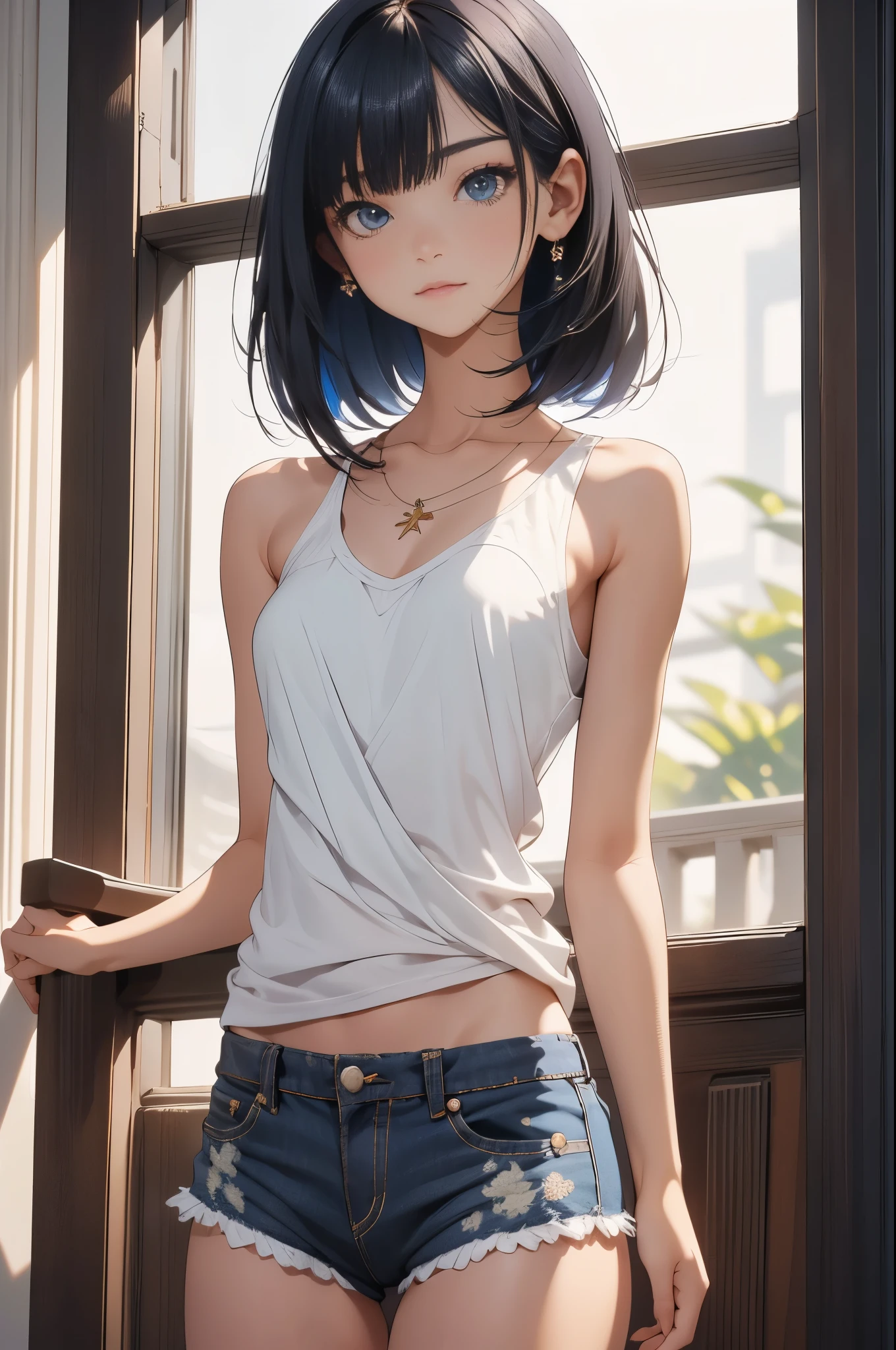 masterpiece,best quality,ultra-detailed,intricate,detailed face,detailed eyes,beautiful eyes,1girl,cowboy shot,20歳の美女、dark blue hair,medium bob hair、(micro shorts, highleg panties, open fly:1.4,white tanktop),standing,from front,(bloom, depth of field:1.2),