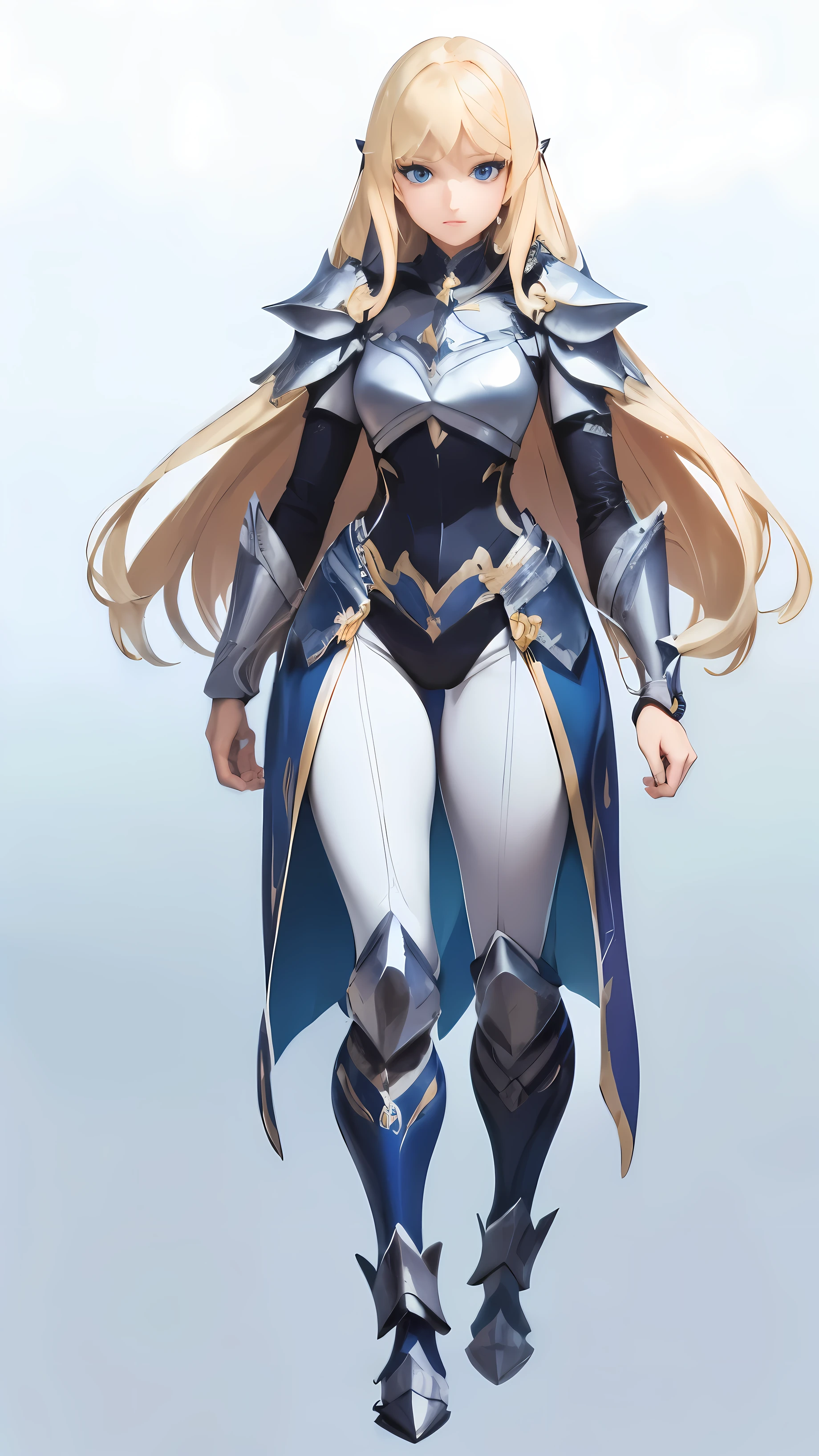 full body of fanatsy beautiful knight tall woman, blonde volumed gorgeous wavy long hair, parted bangs, blue vivid eyes, full platinum armour, her hair fluttered, long iron pants, clear face, highest quality, masterpiece, official arts, perfect anatomy, anime face, matured woman, stunning beauty