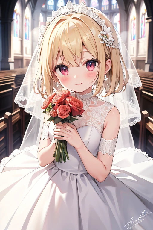 {{{masterpiece}}}, {{{best quality}}}, {{ultra-detailed}}, {nsfw}, {{an extremely delicate and beautiful、　beautiful detailed eyes}},blonde、half up、red eyes、small curve 1.2、cute 、Wedding dress、church background、holding a bouquet of flowers in both hands、happy smile、、blush、please keep your mouth shut、、cinematic angle:1.5、